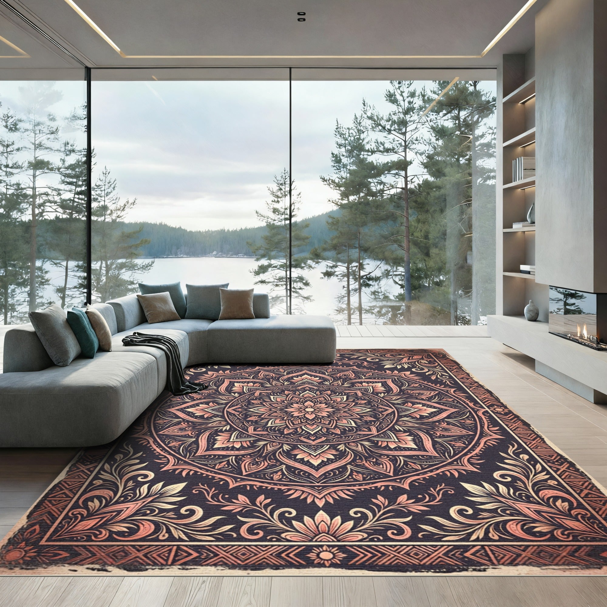Blush and Charcoal Ornate Mandala Rug