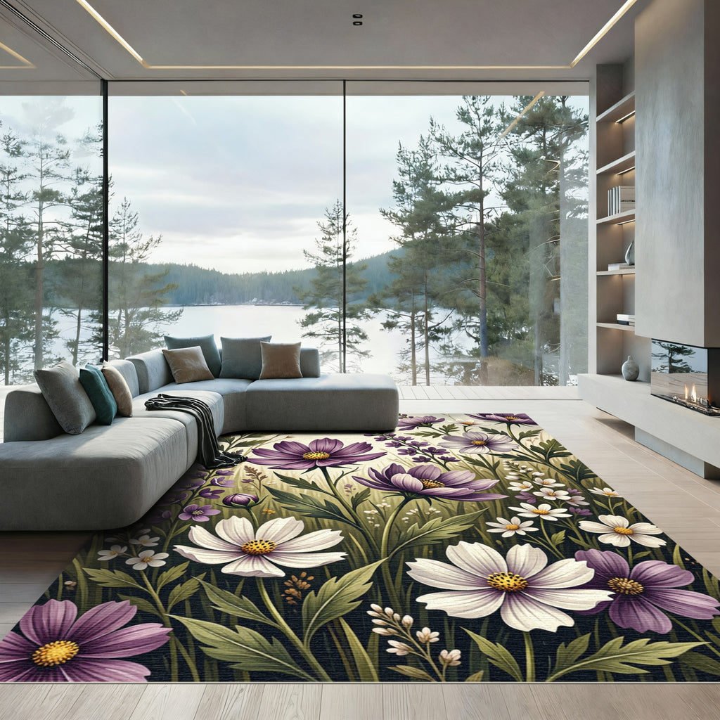 Purple and White Wildflower Meadow Landscape Rug