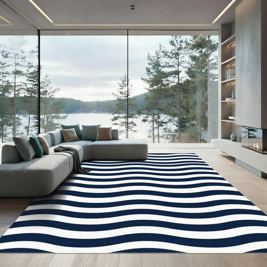 Navy Blue and White Wavy Stripe Rug