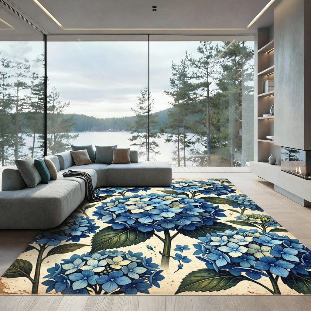 Blue Hydrangea Botanical Bouquet Illustration Rug