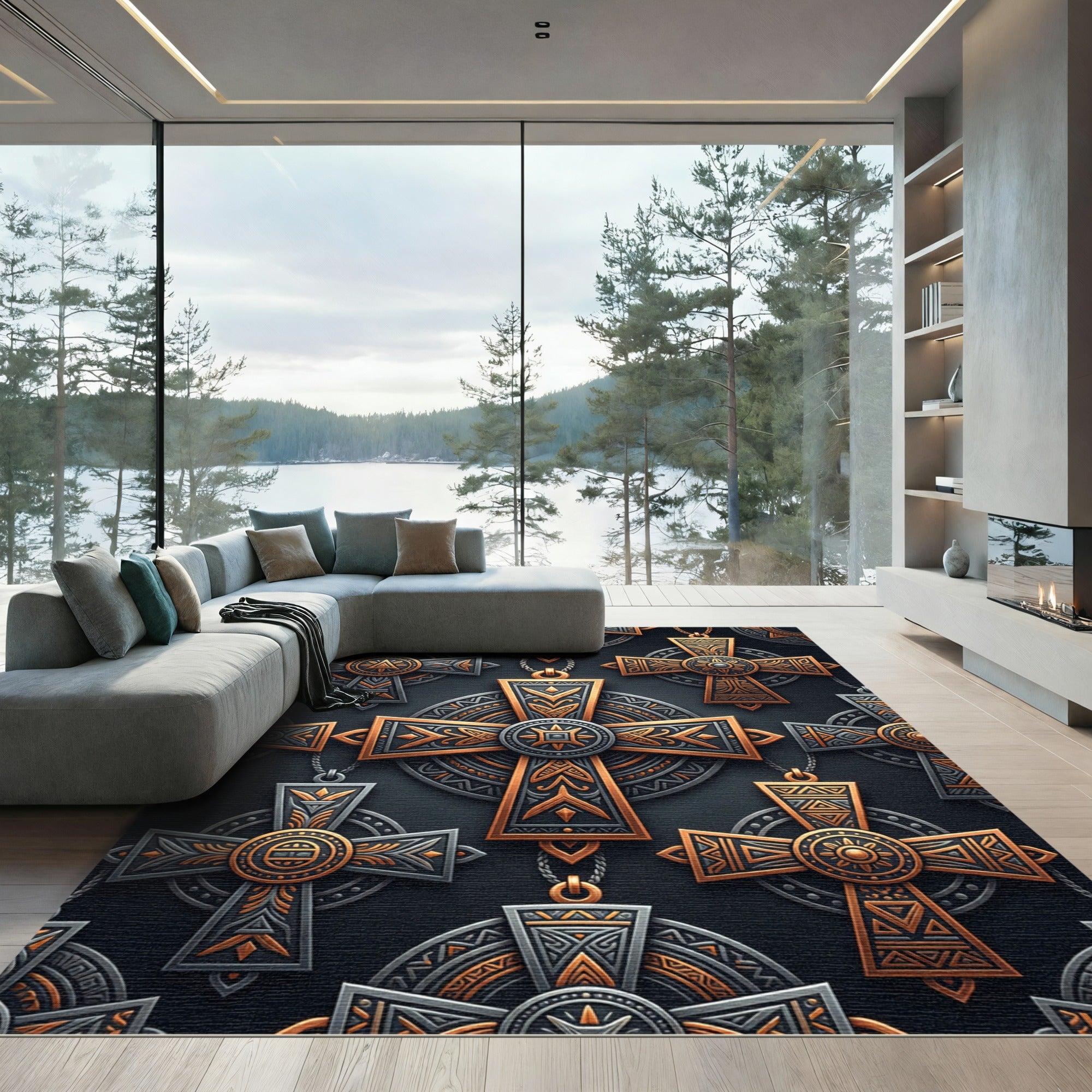Ornate Gray Copper Celtic Cross Rug