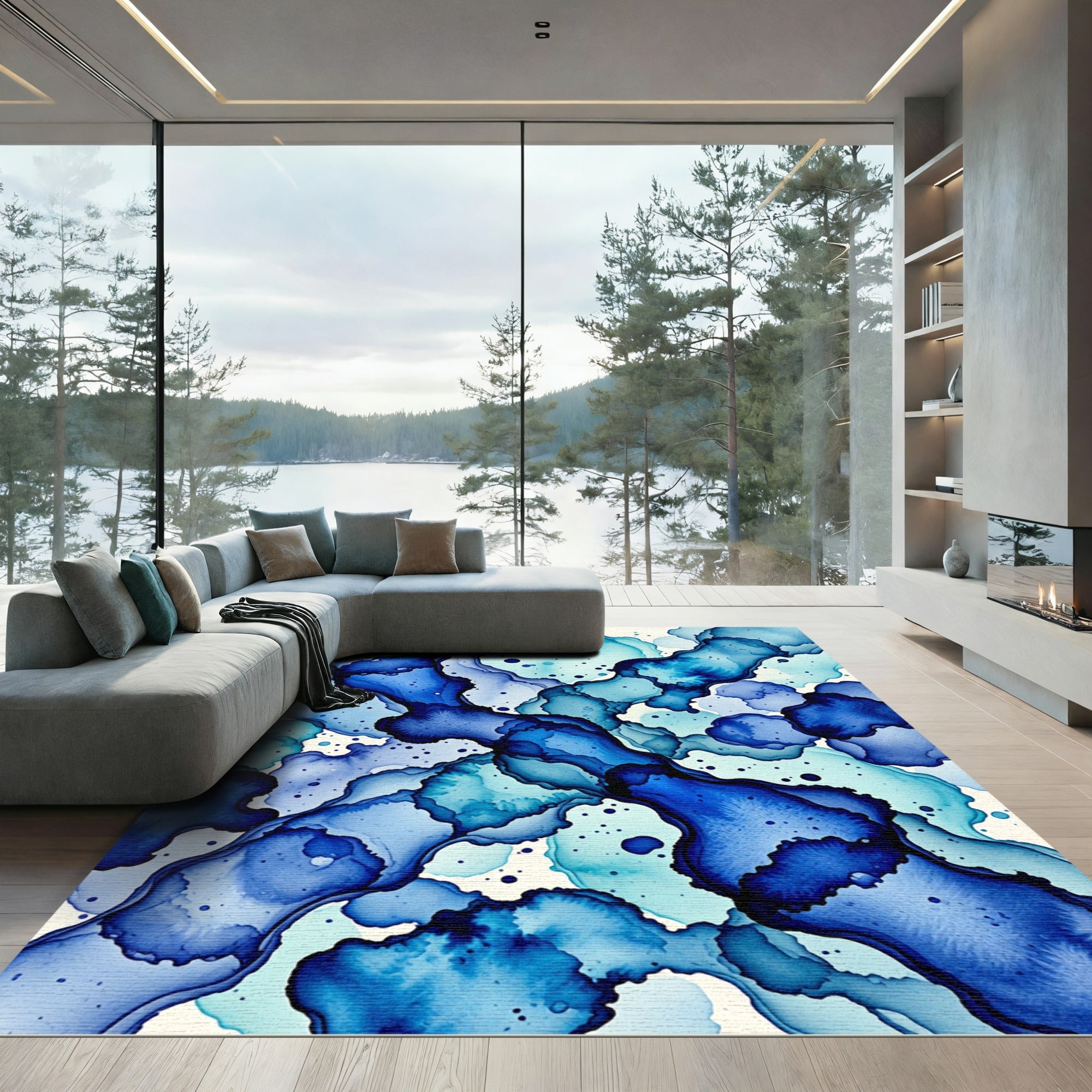 Deep Blue Ink Wash Flow Rug