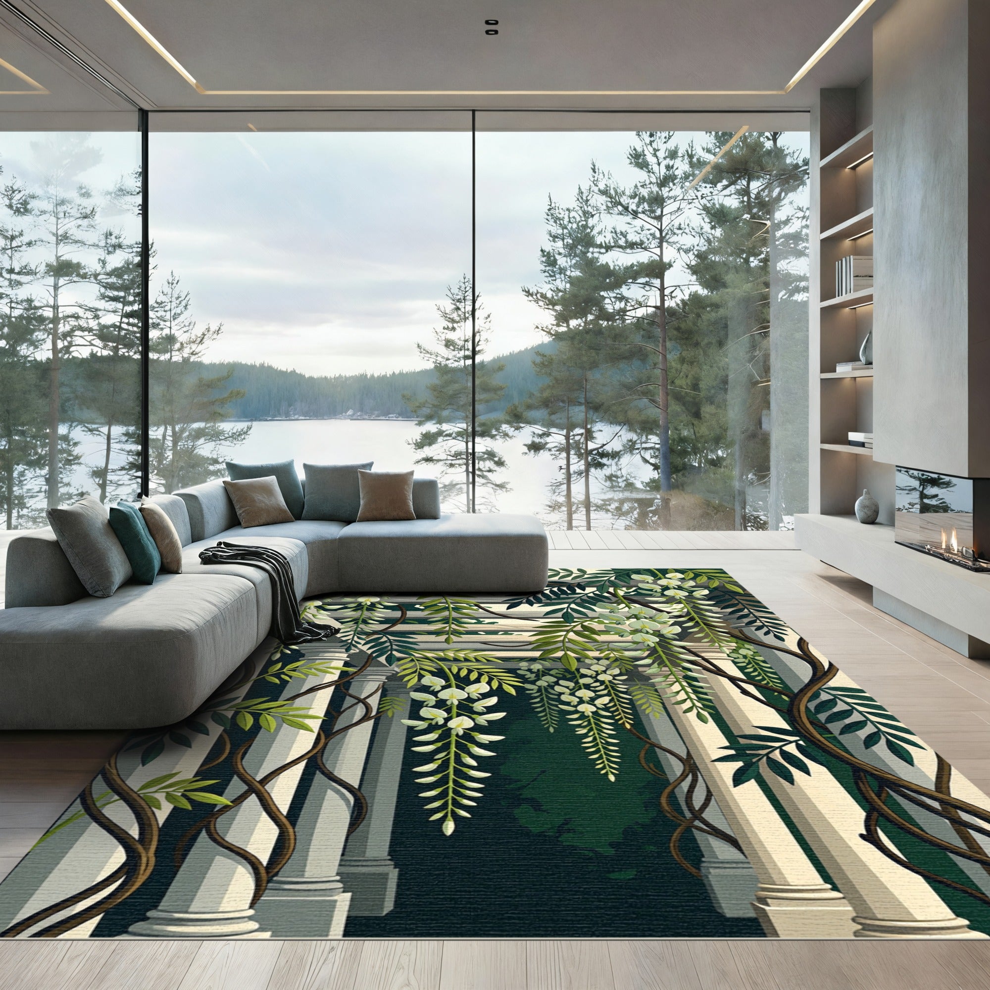 Elegant Cream Wisteria Trellis Illustration Rug