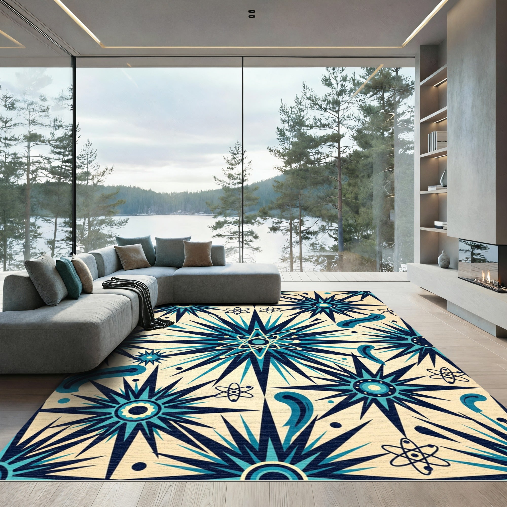 Retro Atomic Starburst Blue Rug