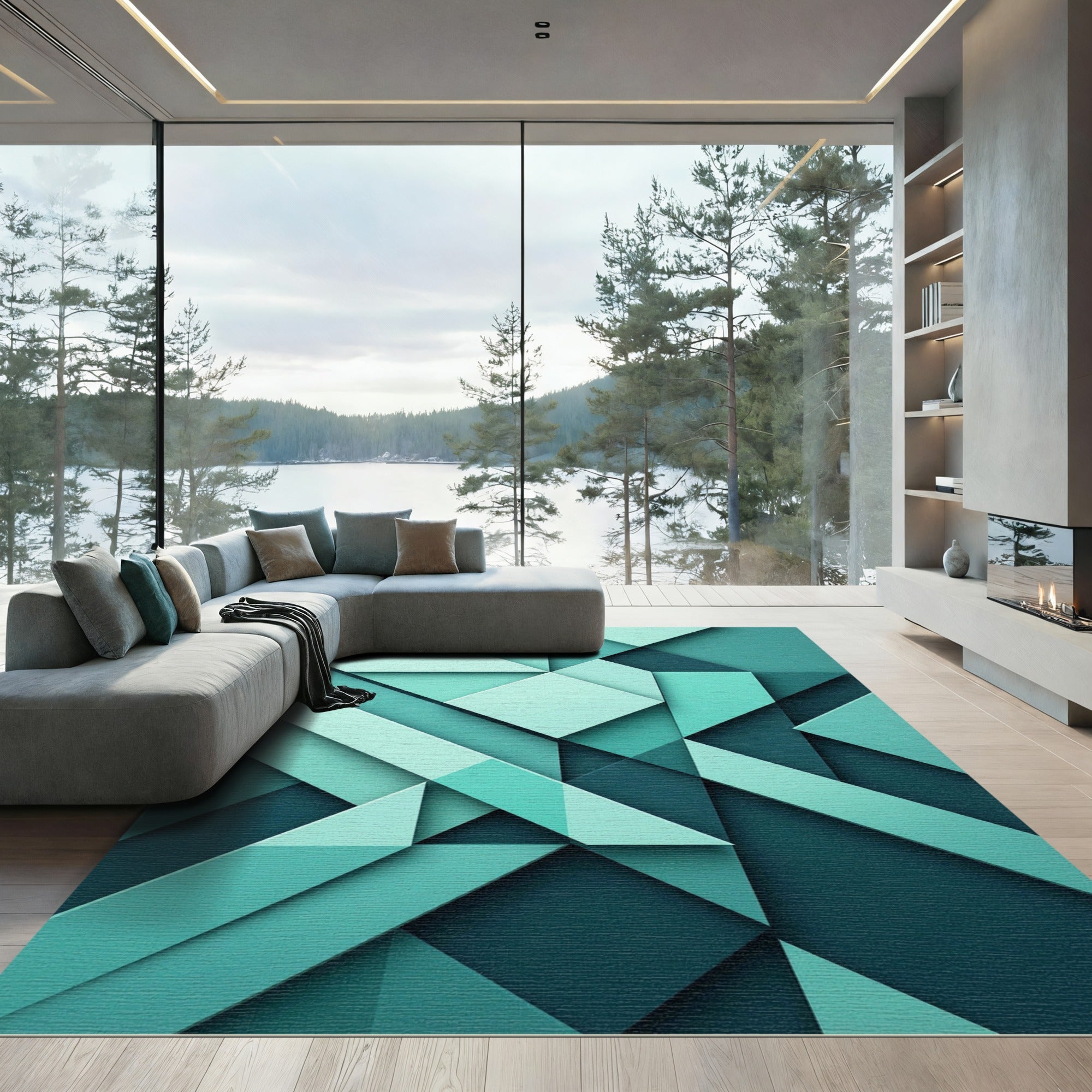 Modern Teal Geometric Angular Abstract Rug