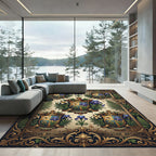 Ornate Heraldic Lily Blue Gold Crest Rug