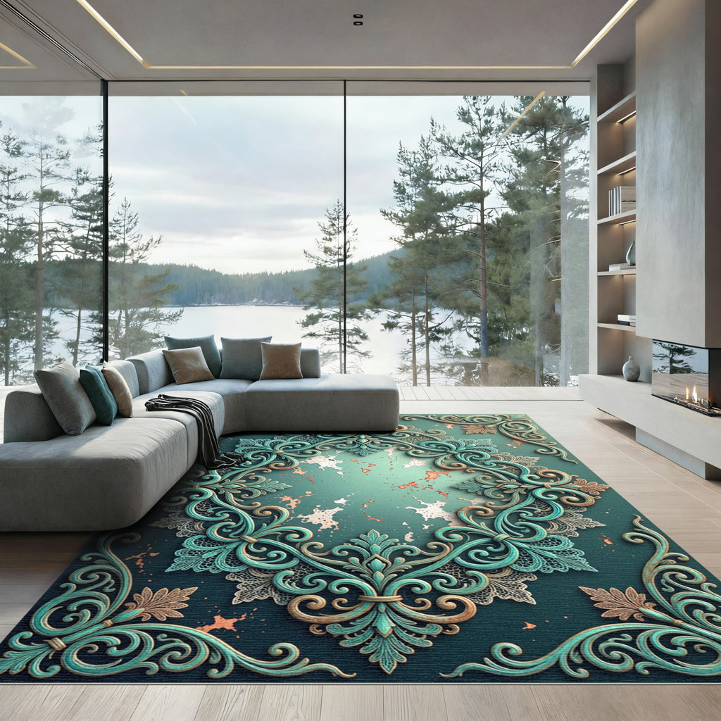 Elegant Teal Baroque Damask Scroll Rug