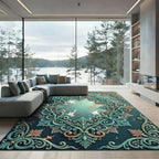 Elegant Teal Baroque Damask Scroll Rug