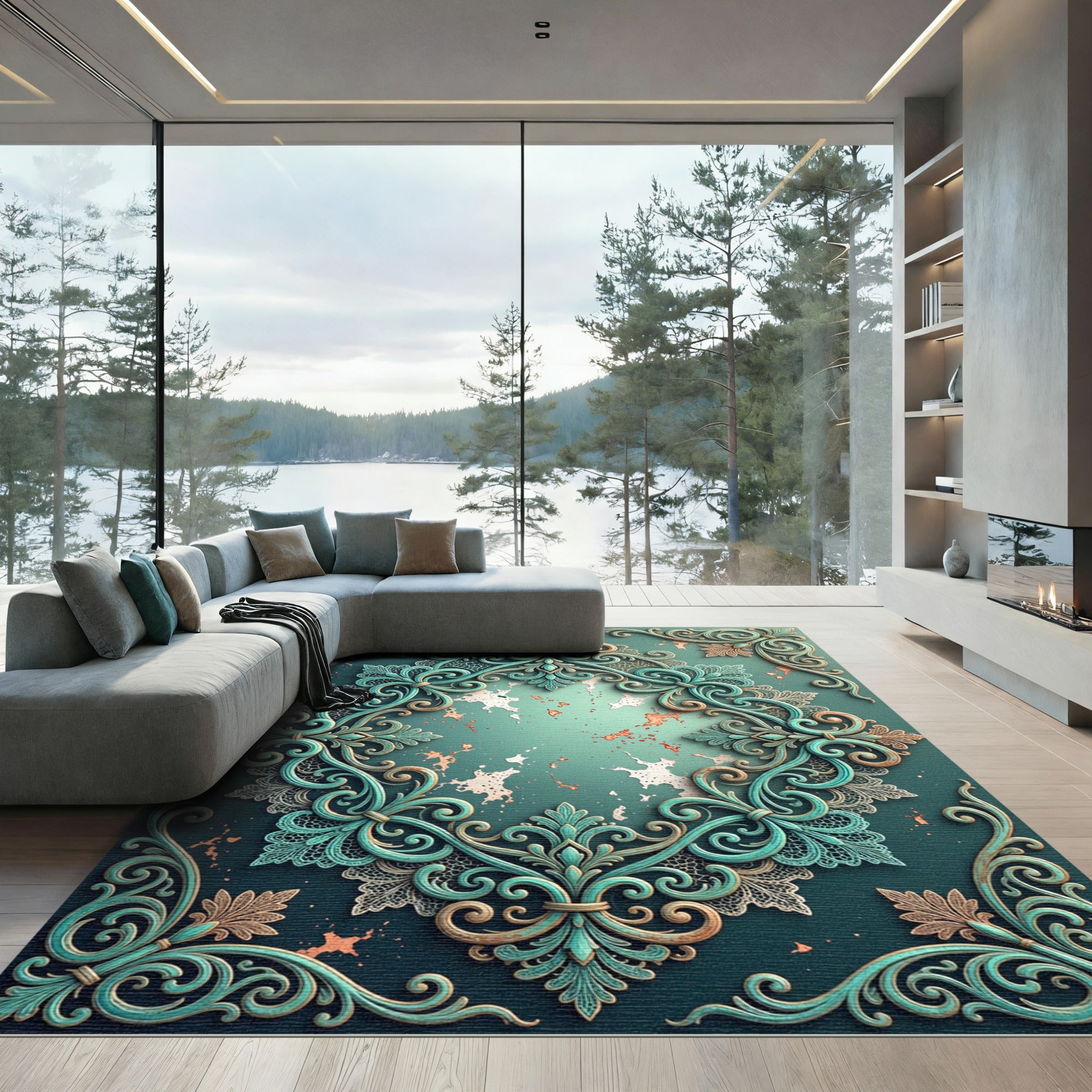 Elegant Teal Baroque Damask Scroll Rug