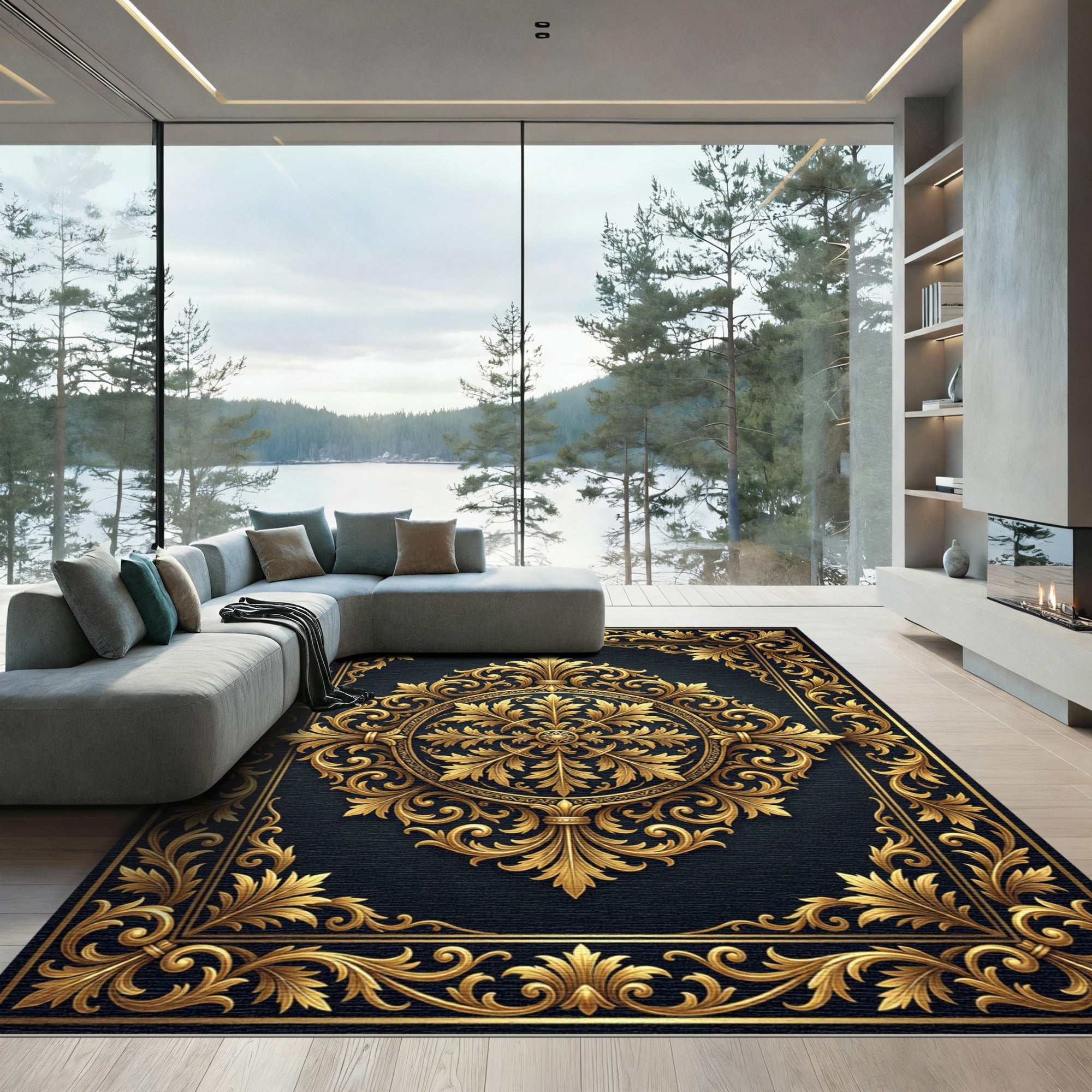 Ornate Golden Filigree Royal Medallion Rug