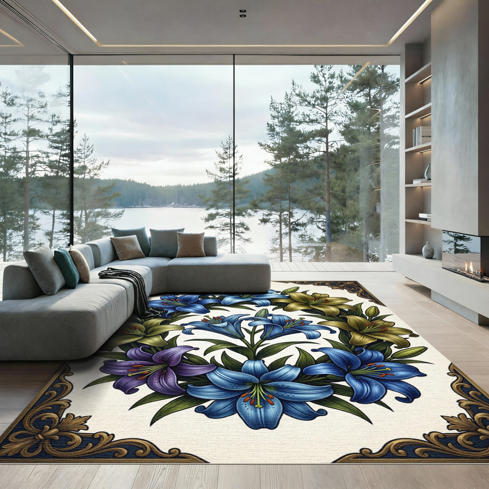 Elegant Blue and Gold Lily Wreath Rug