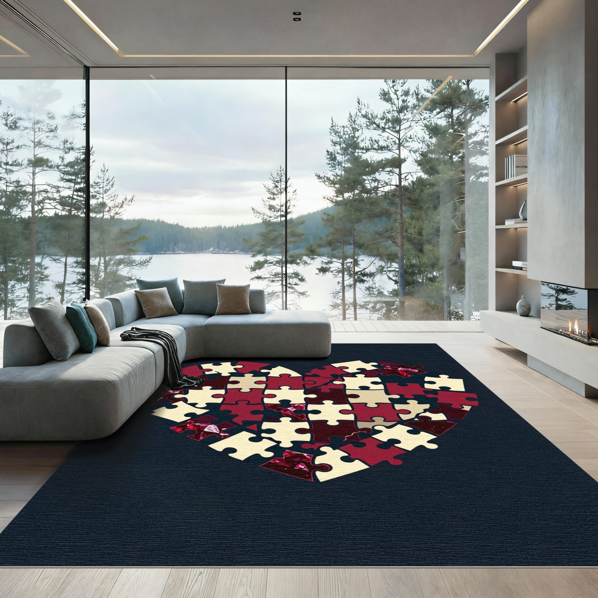 Burgundy Heart Jigsaw Abstract Puzzle Rug