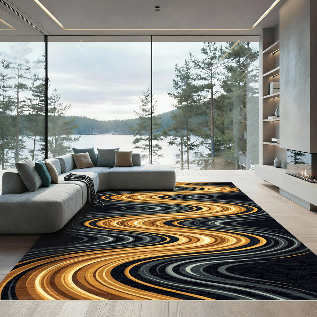Golden Flowing Curvy Abstract Wave Rug