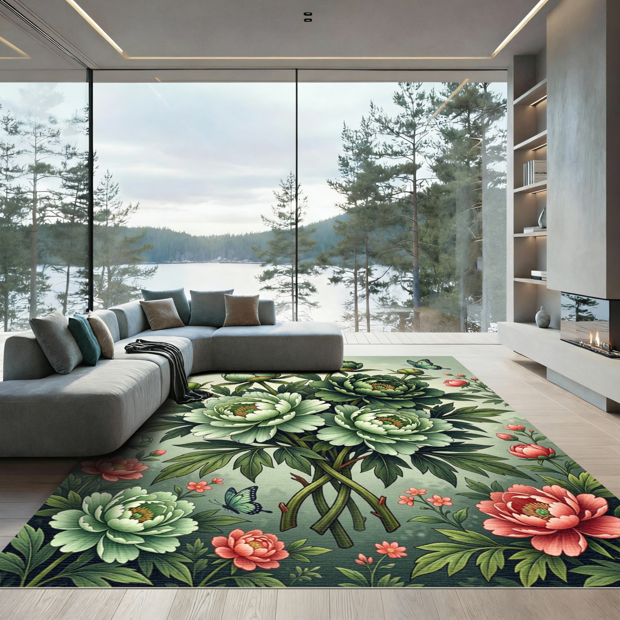 Soft Green Peony and Butterfly Garden Rug