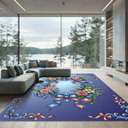 Ornate Blue Floral Ribbon Frame Rug