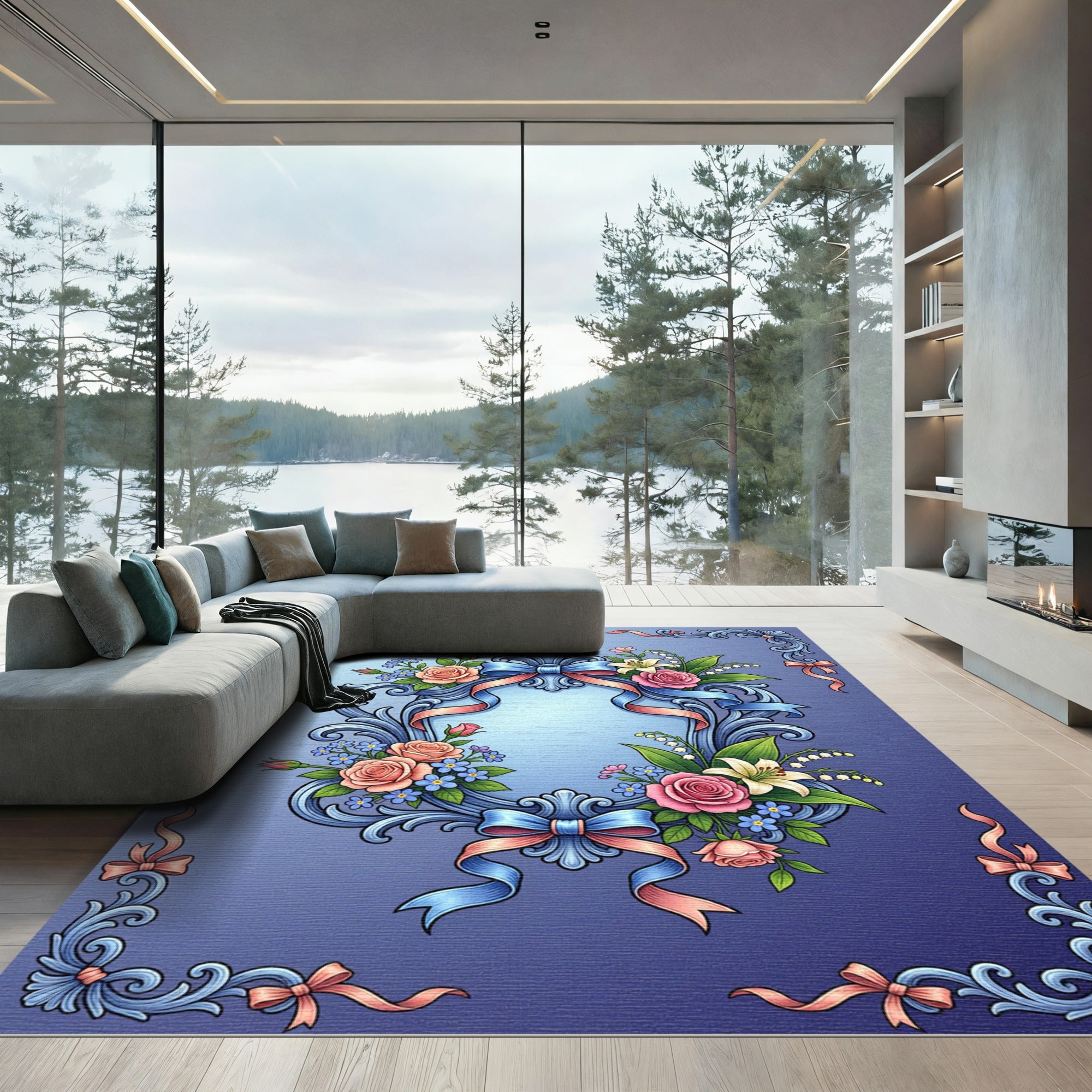 Ornate Blue Floral Ribbon Frame Rug