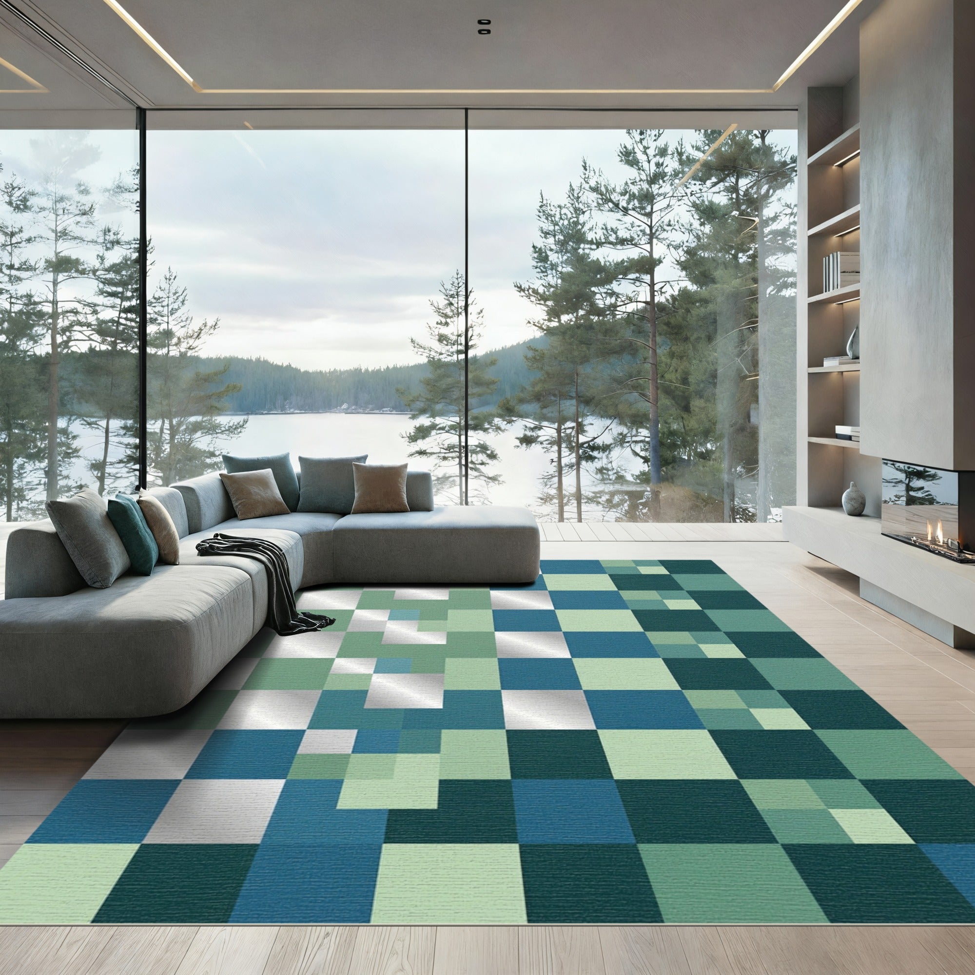 Gradient Teal Blue Square Grid Rug