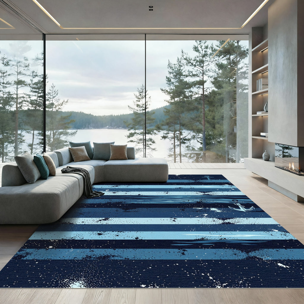 Nautical Navy Anchor Striped Sea Rug