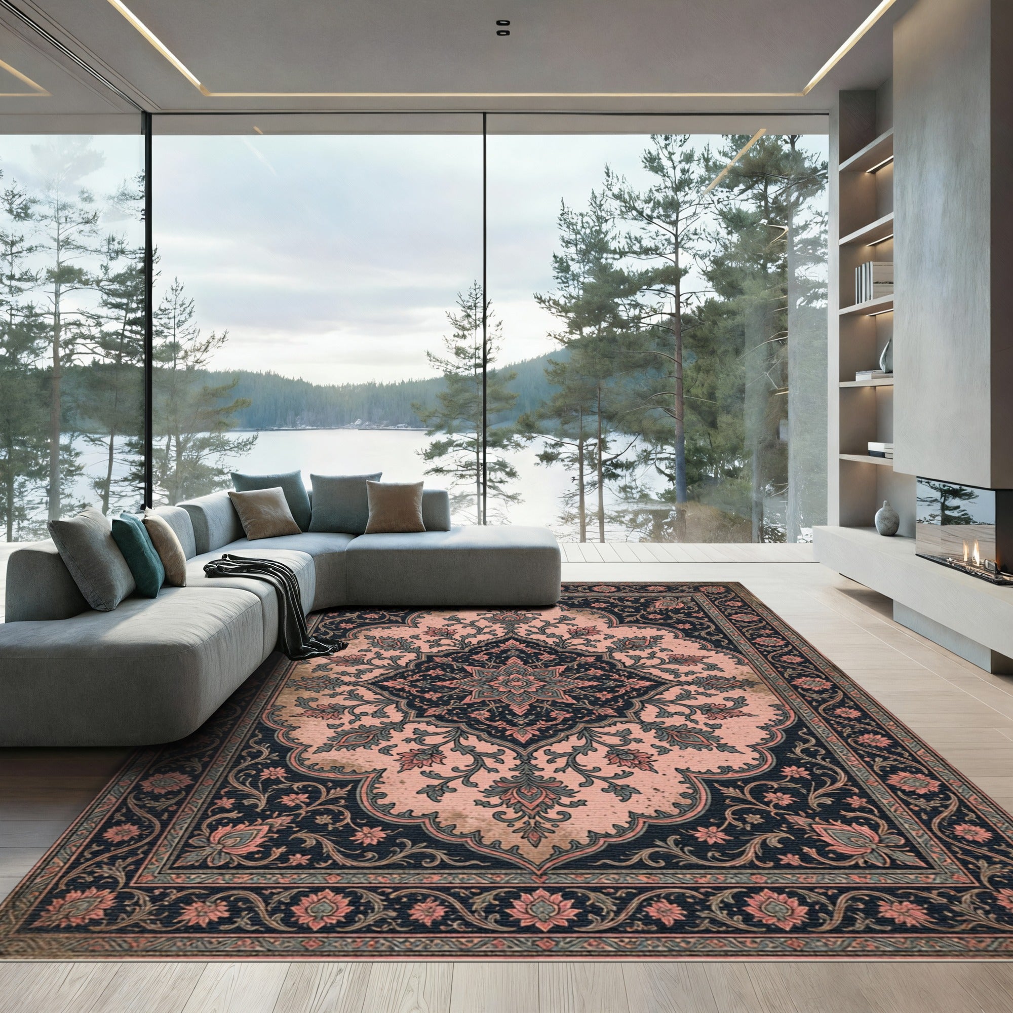 Elegant Pink and Charcoal Floral Medallion Rug