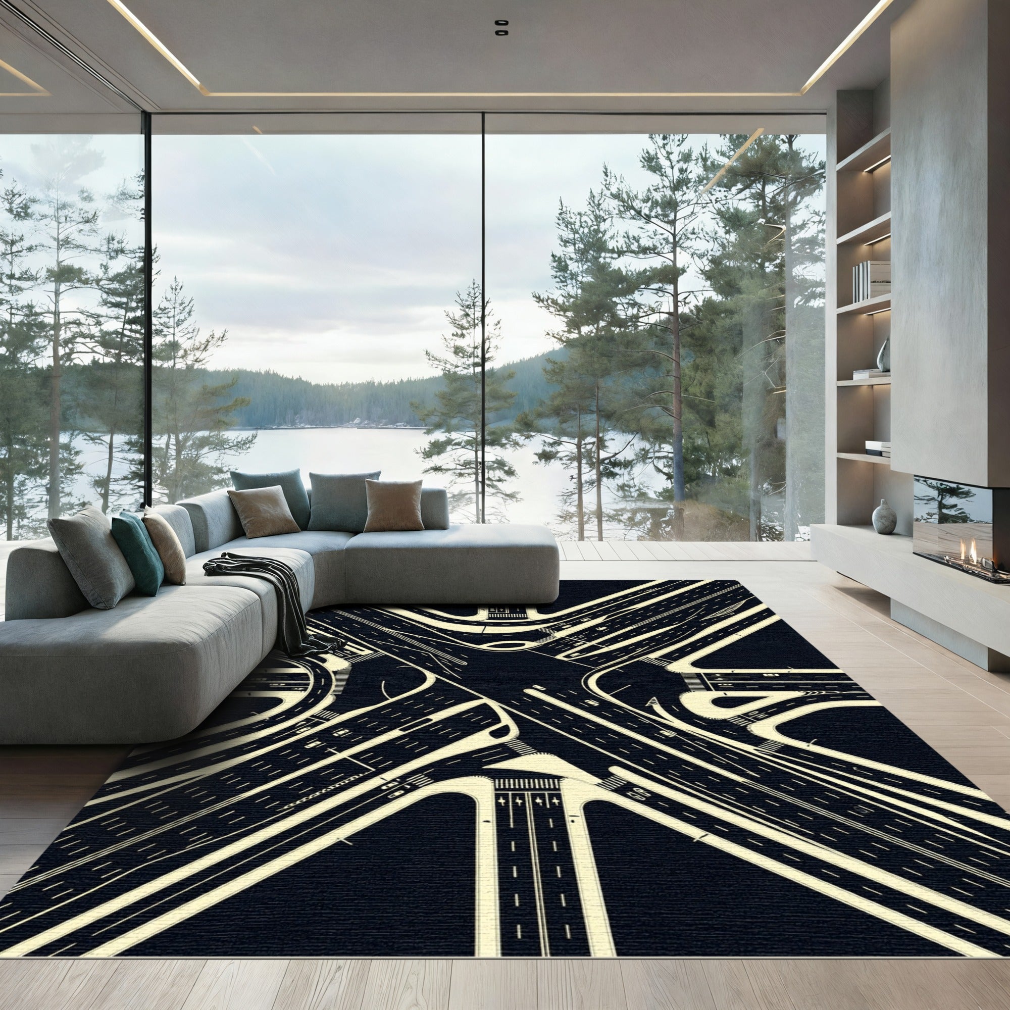Abstract Monochrome Geometric Intersection Lines Rug
