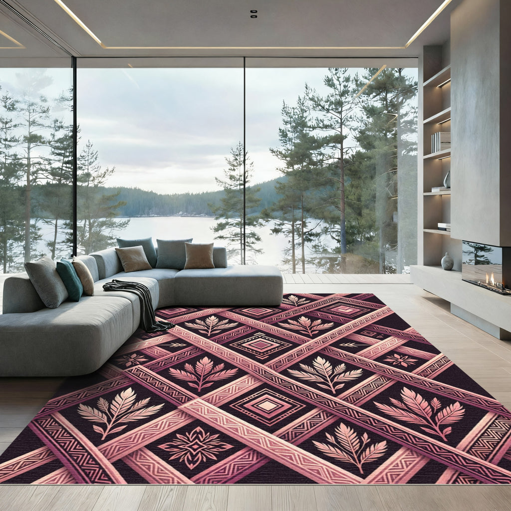 Blush Geometric Diamond Botanical Grid Rug