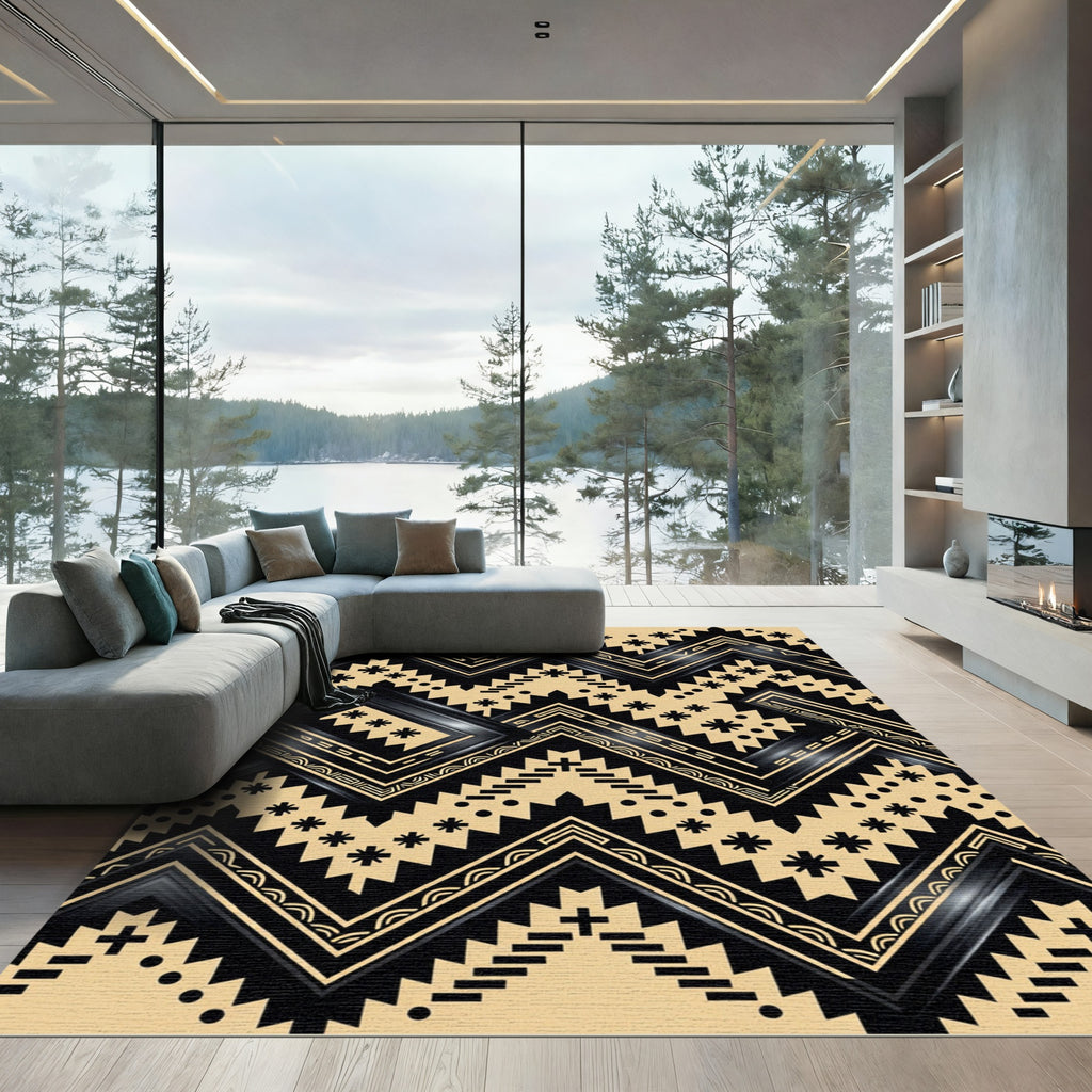 Geometric Black and Gold Chevron Tapestry Rug