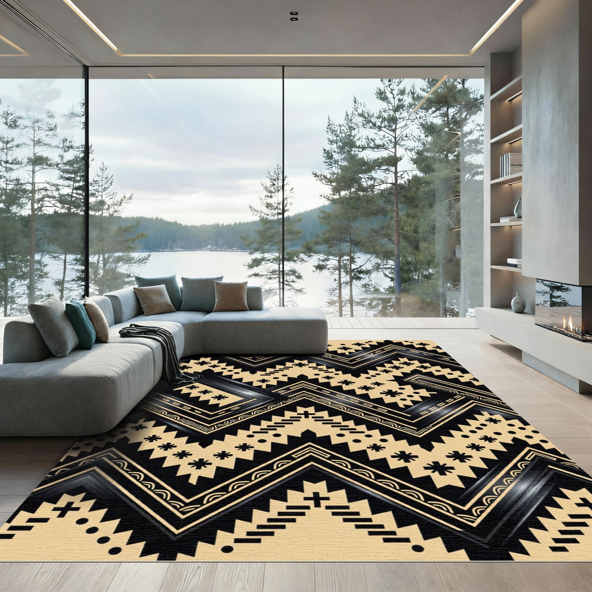 Geometric Black and Gold Chevron Tapestry Rug