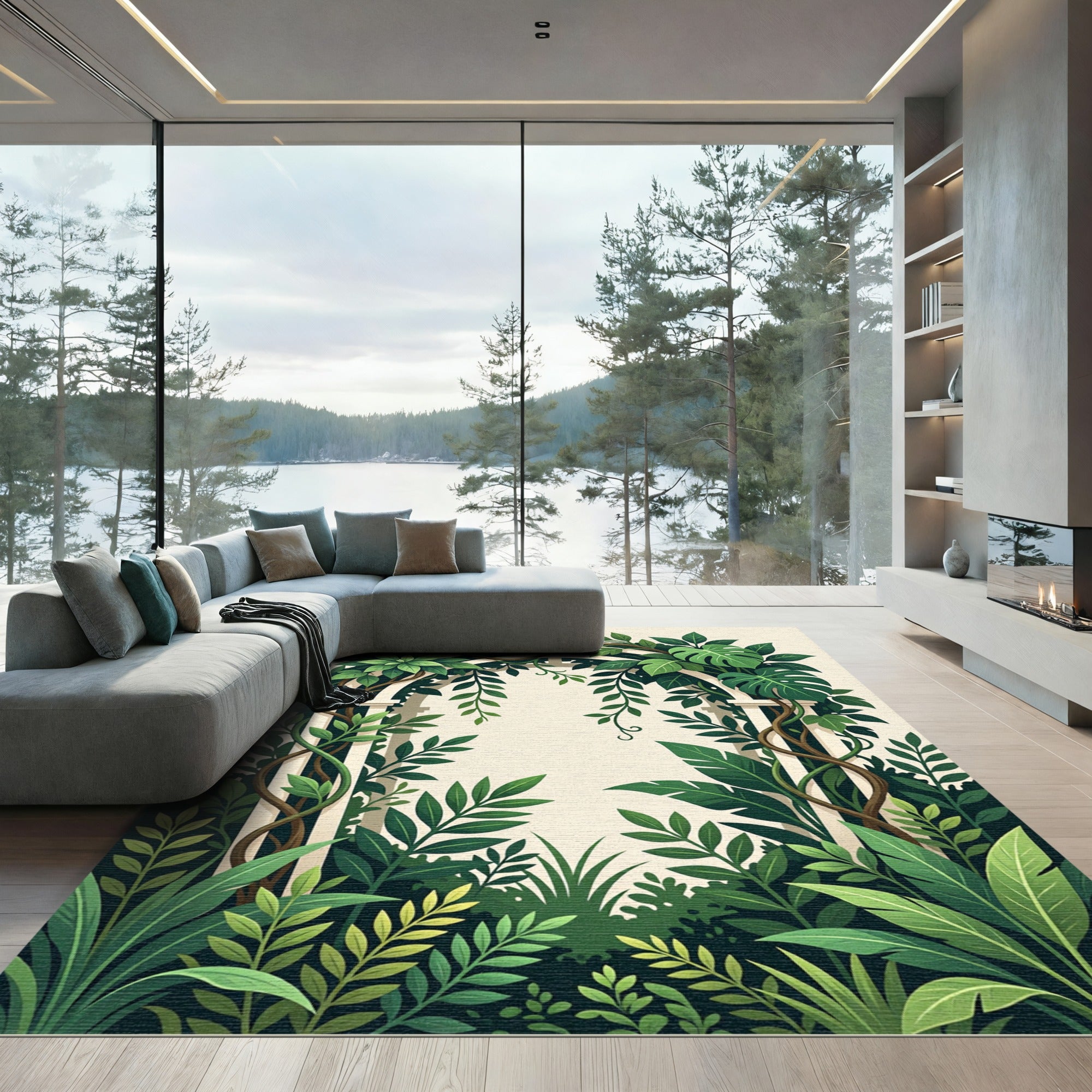 Lush Green Tropical Foliage Arch Rug