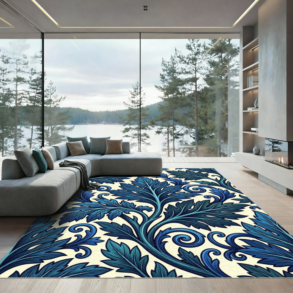 Deep Blue Leaf Scroll Accent Rug