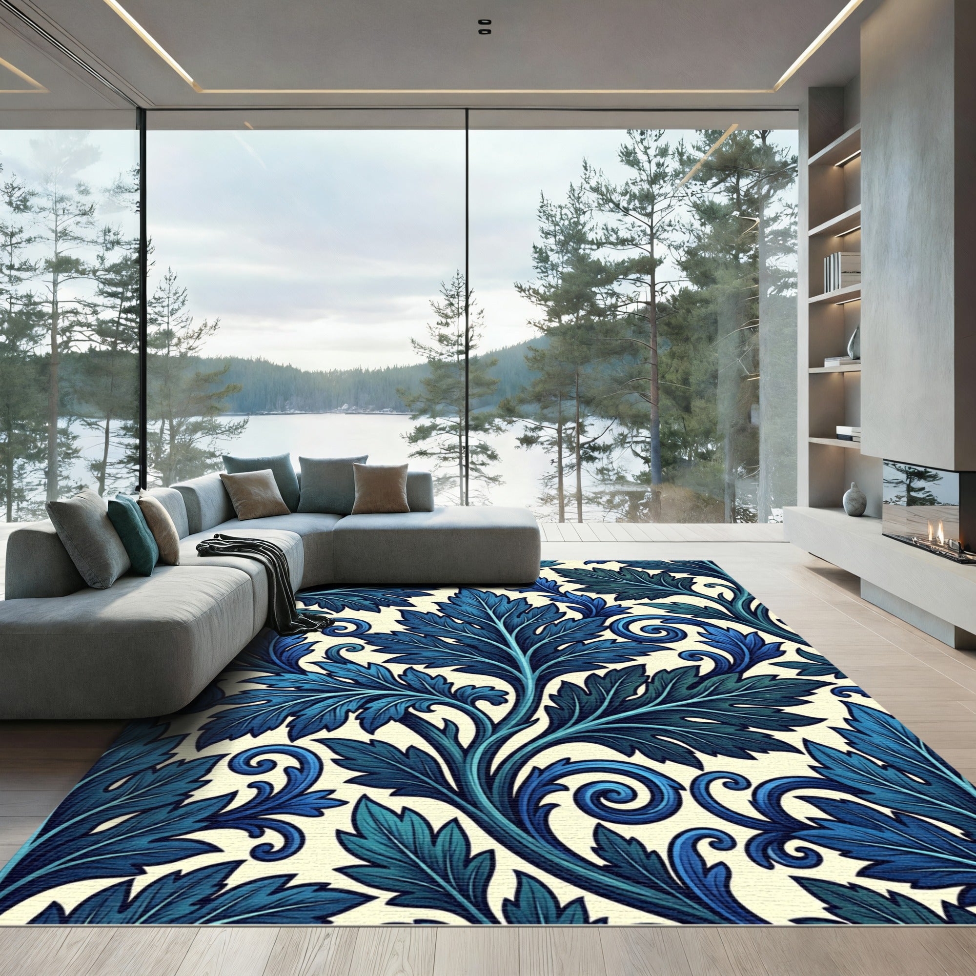 Deep Blue Leaf Scroll Accent Rug