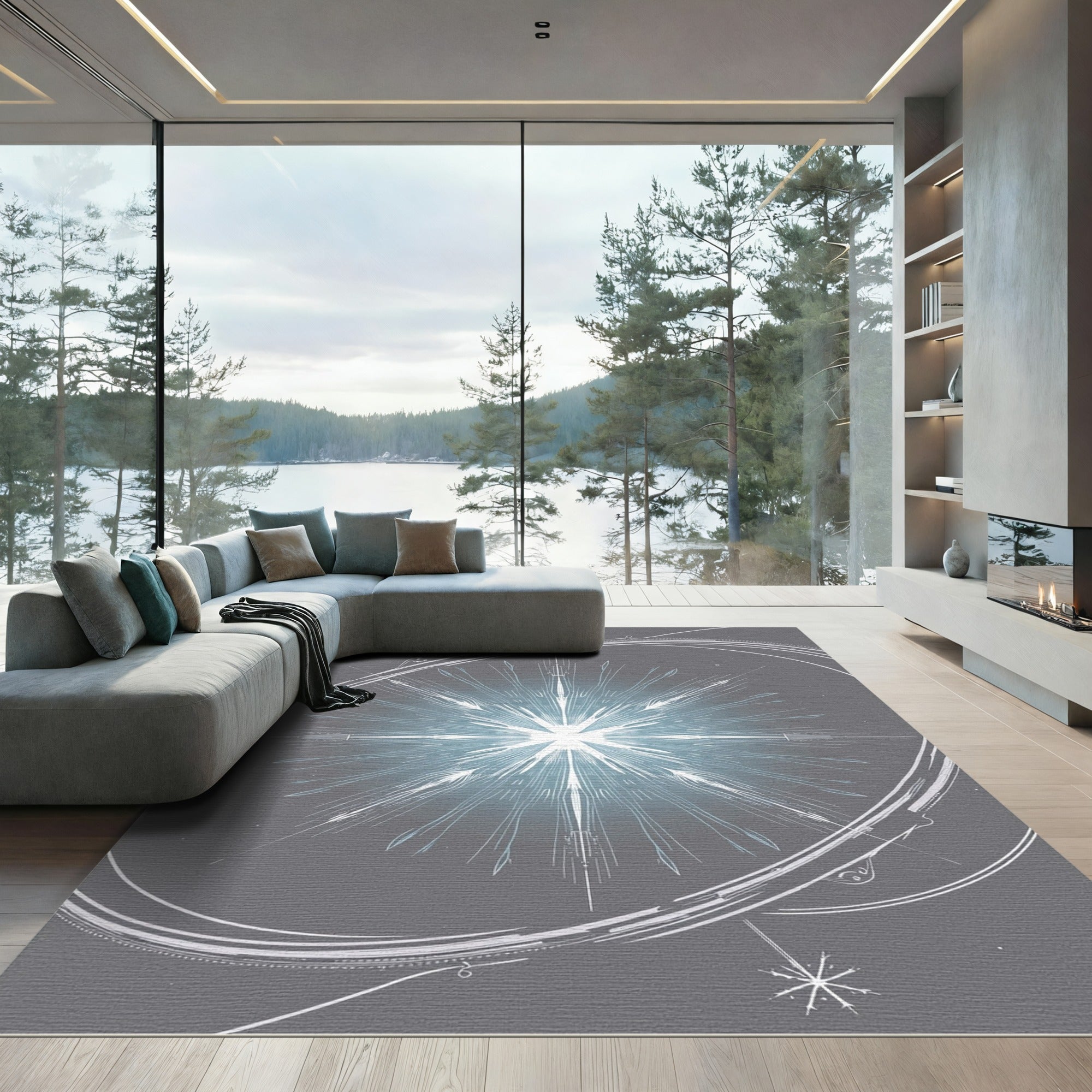 Gleaming White Starburst Abstract Oval Rug
