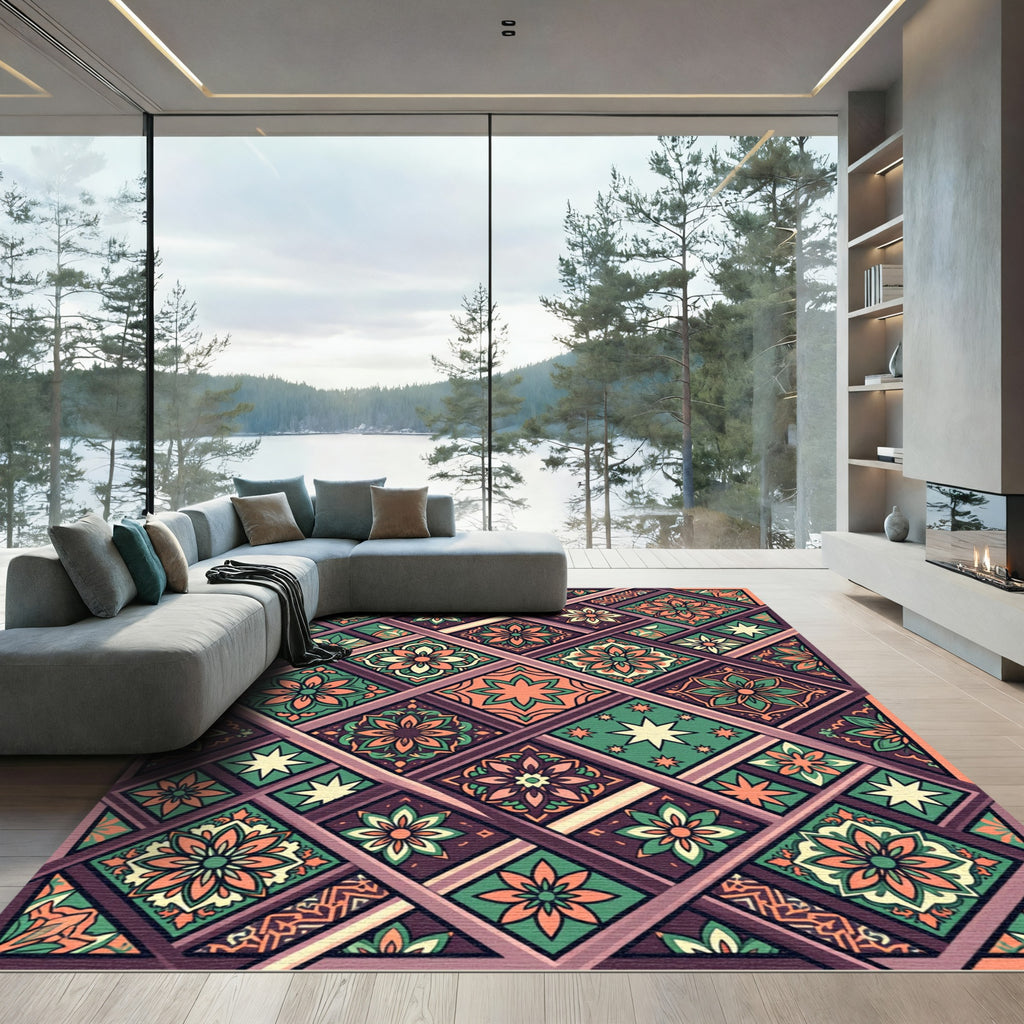 Terracotta Green Floral Diamond Collage Rug
