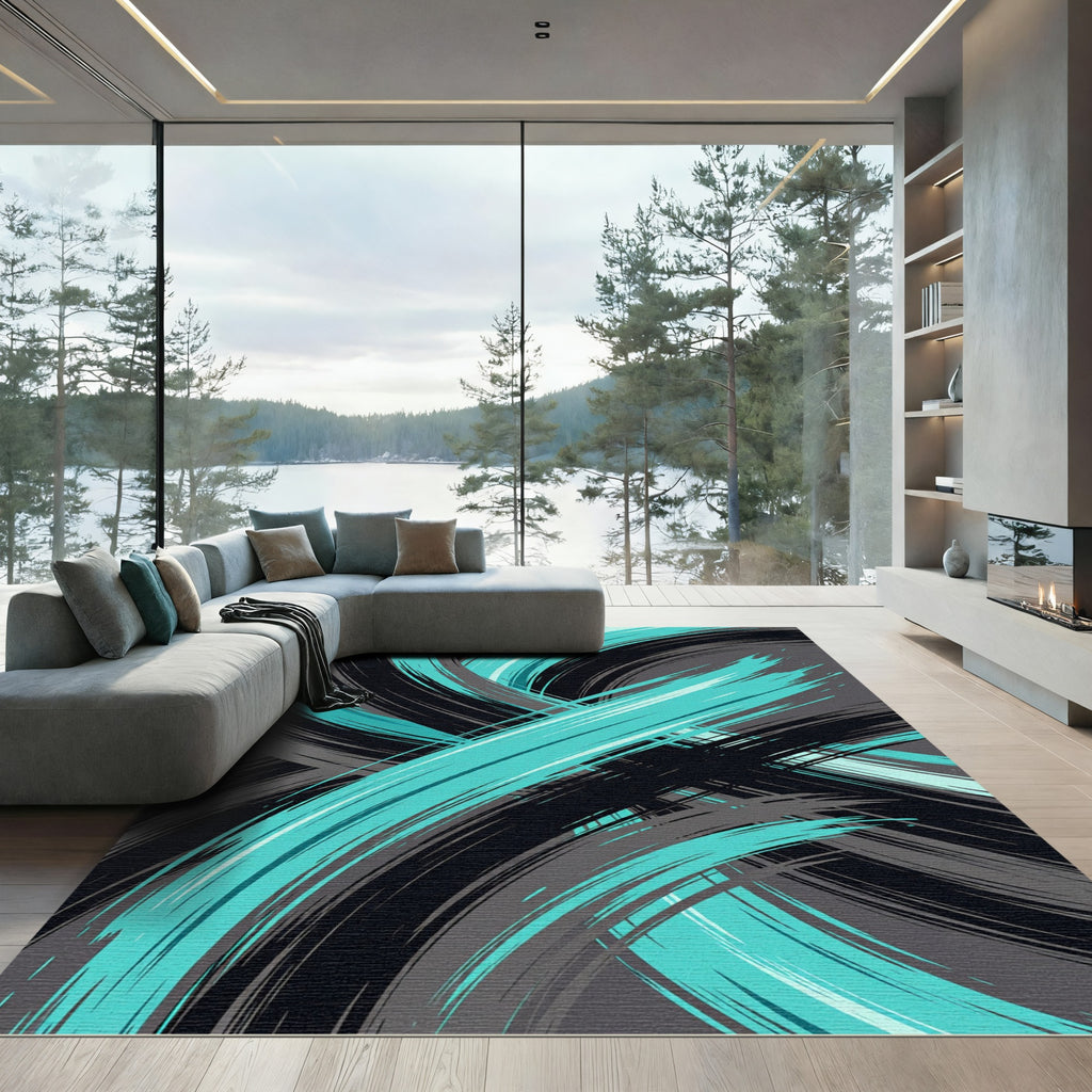 Dynamic Teal and Black Abstract Swoosh Rug