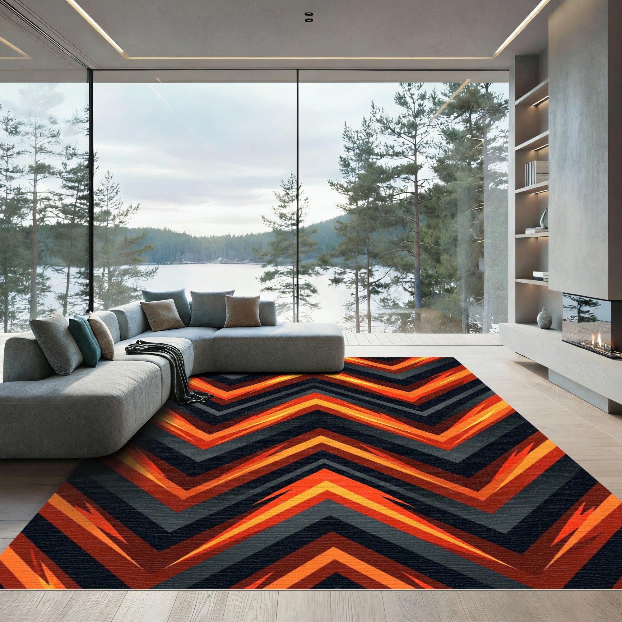 Vibrant Orange Fire Chevron Zigzag Rug