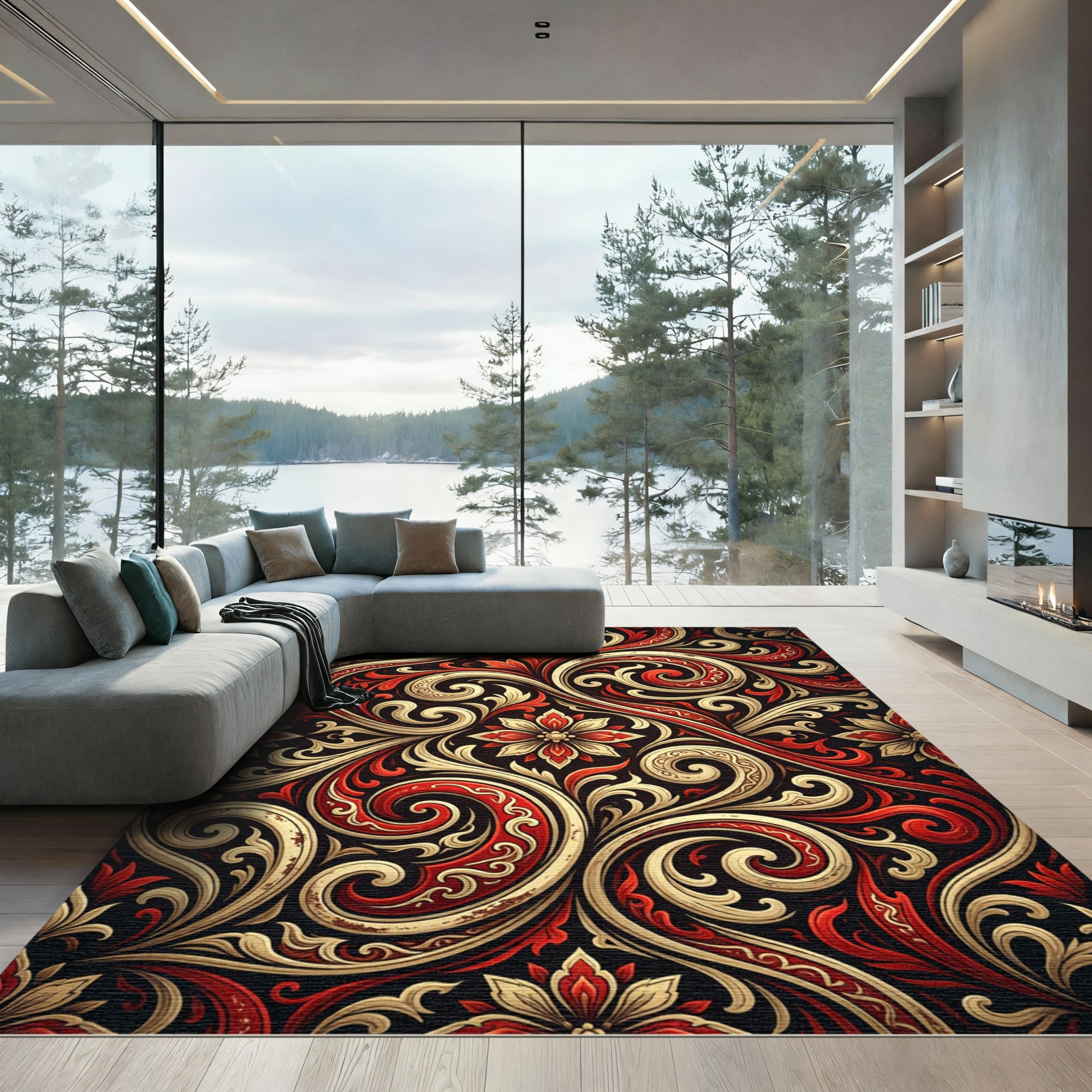 Elegant Crimson and Gold Floral Swirl Rug
