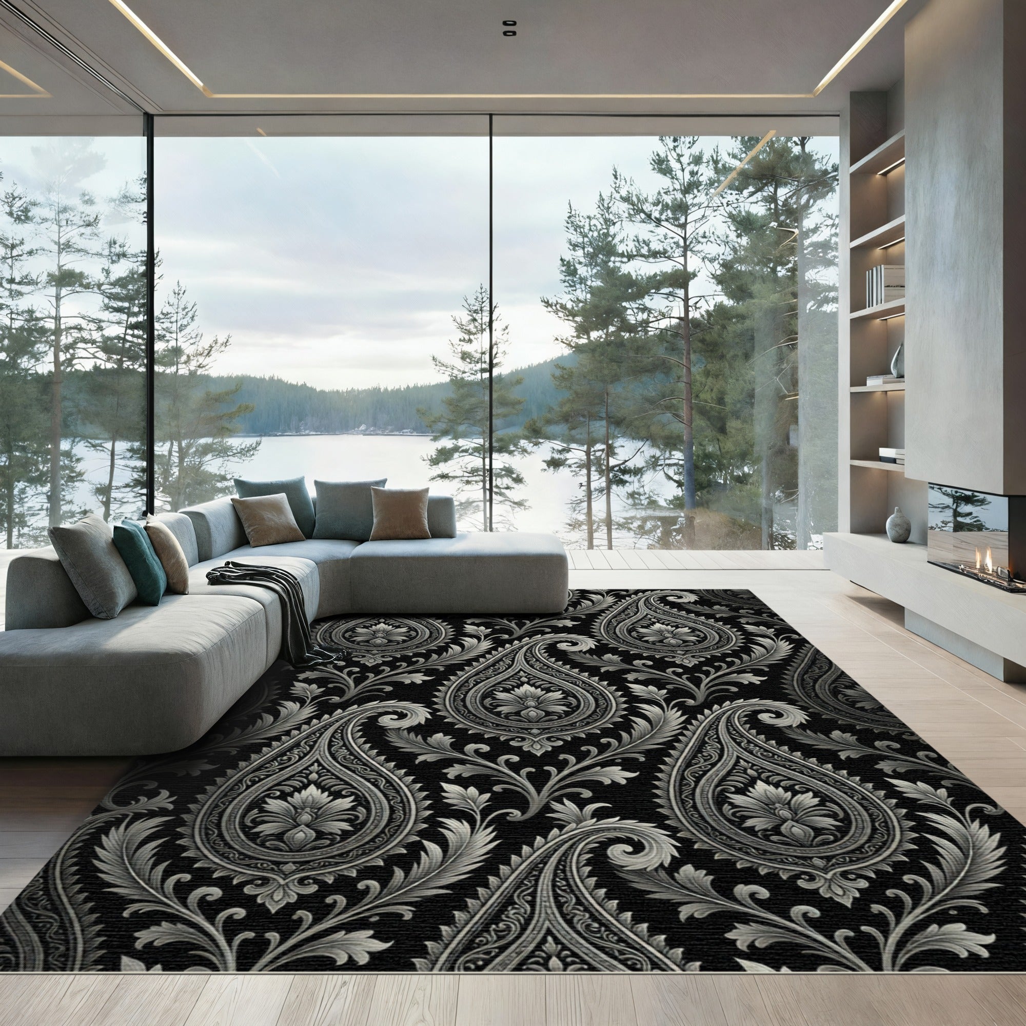 Black and Silver Paisley Floral Art Rug