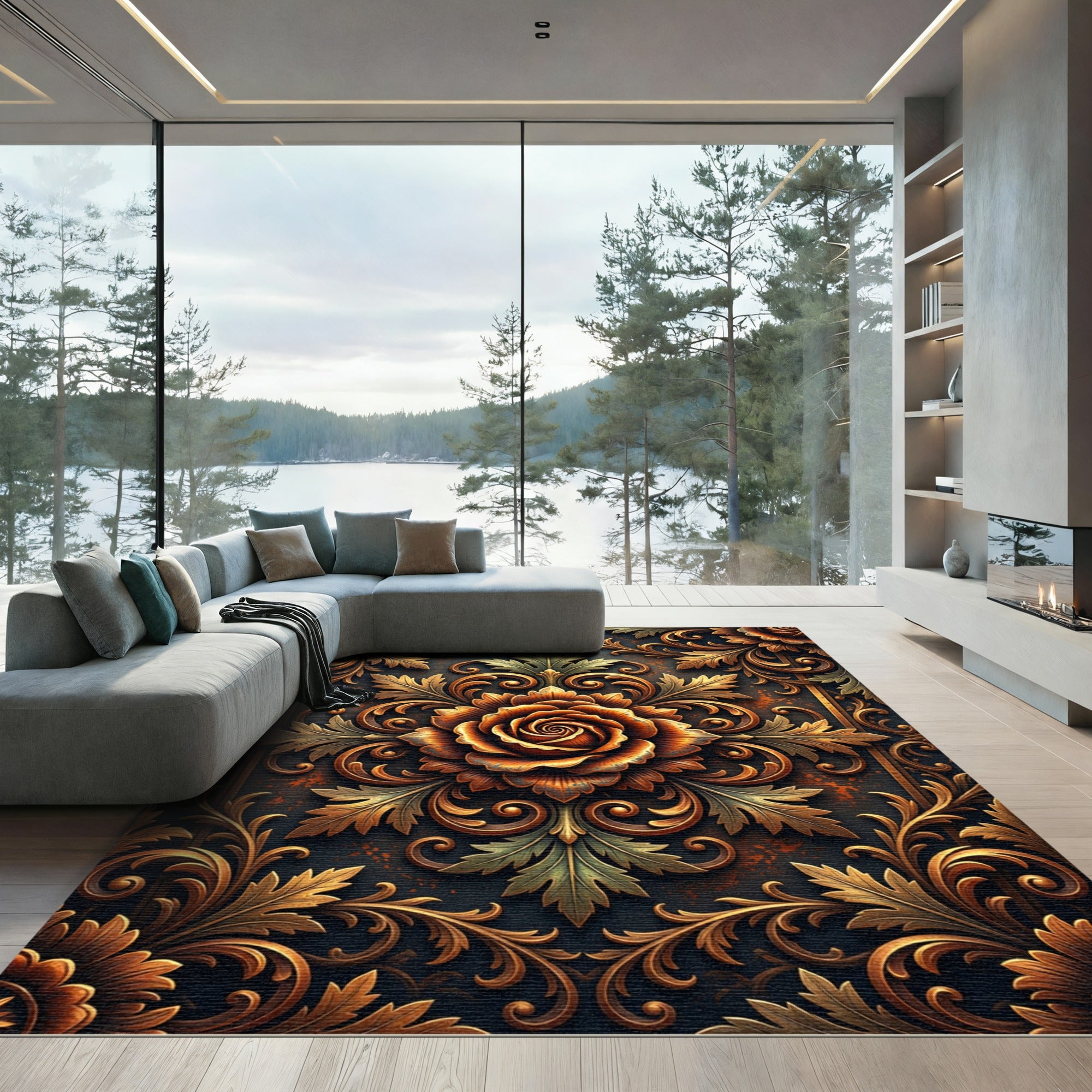 Gilded Bronze Rose Floral Scrollwork Rug