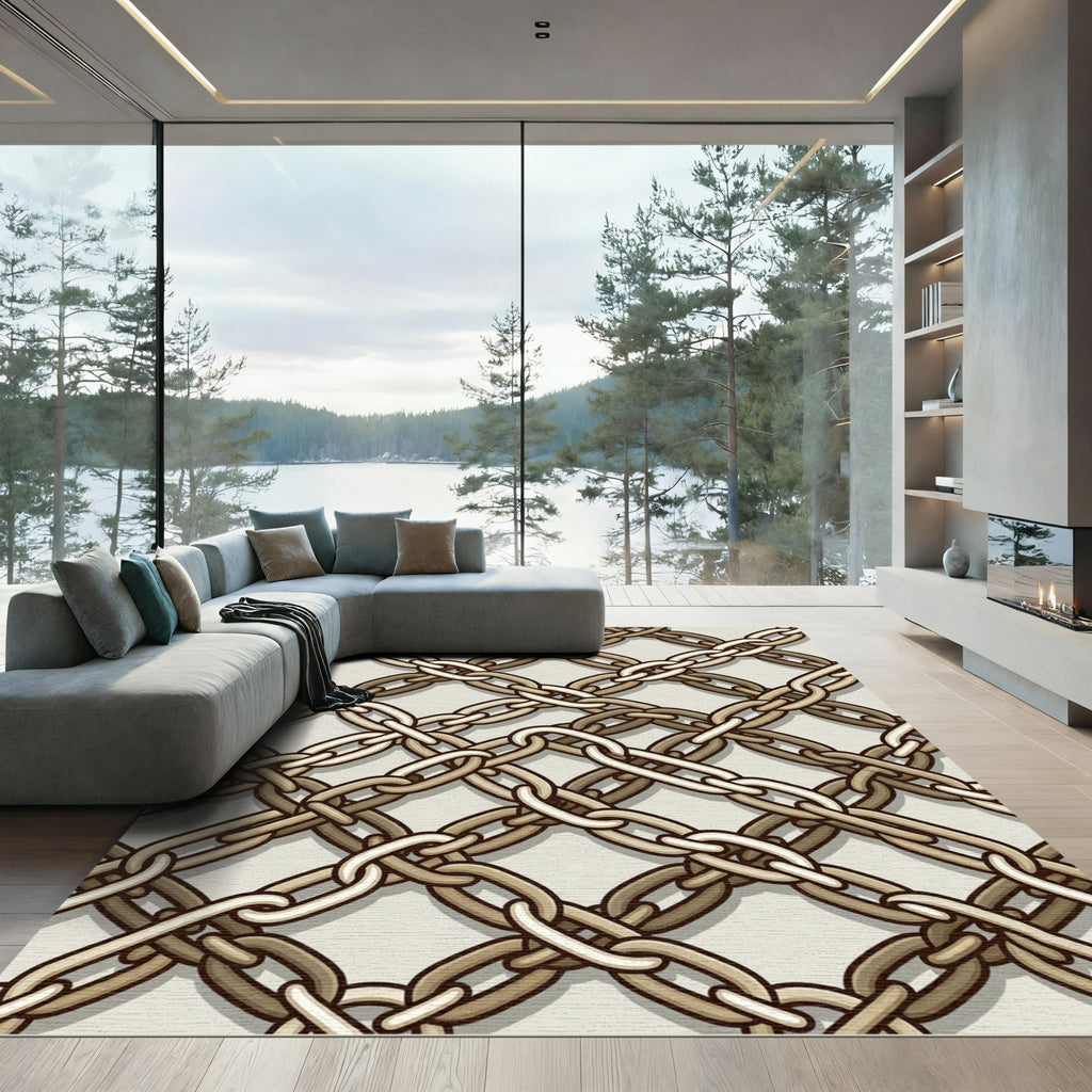 Interlinked Metallic Chain Geometric Grid Rug