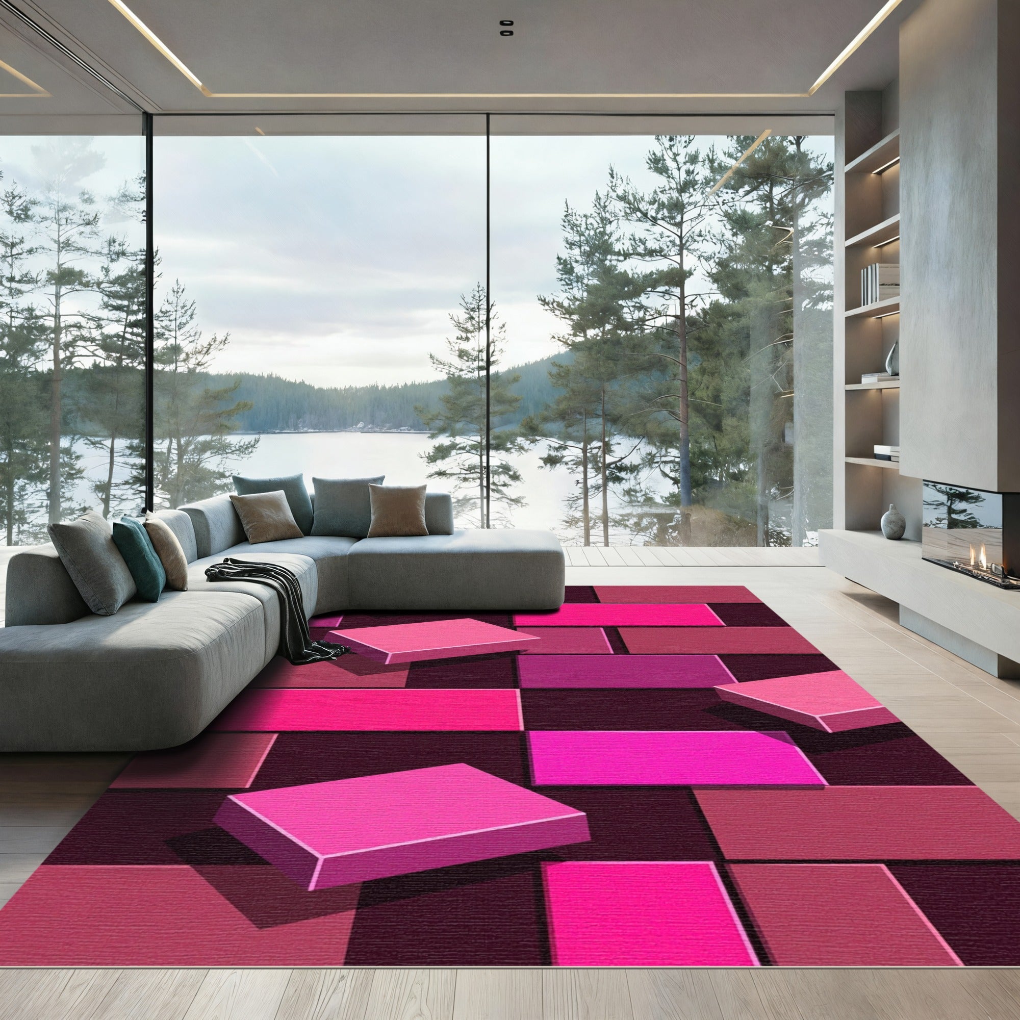 Modern Fuchsia Floating Geometric Block Rug