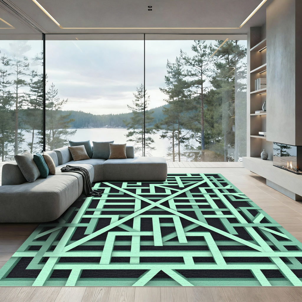 Mint Green Geometric Intersecting Lattice Rug