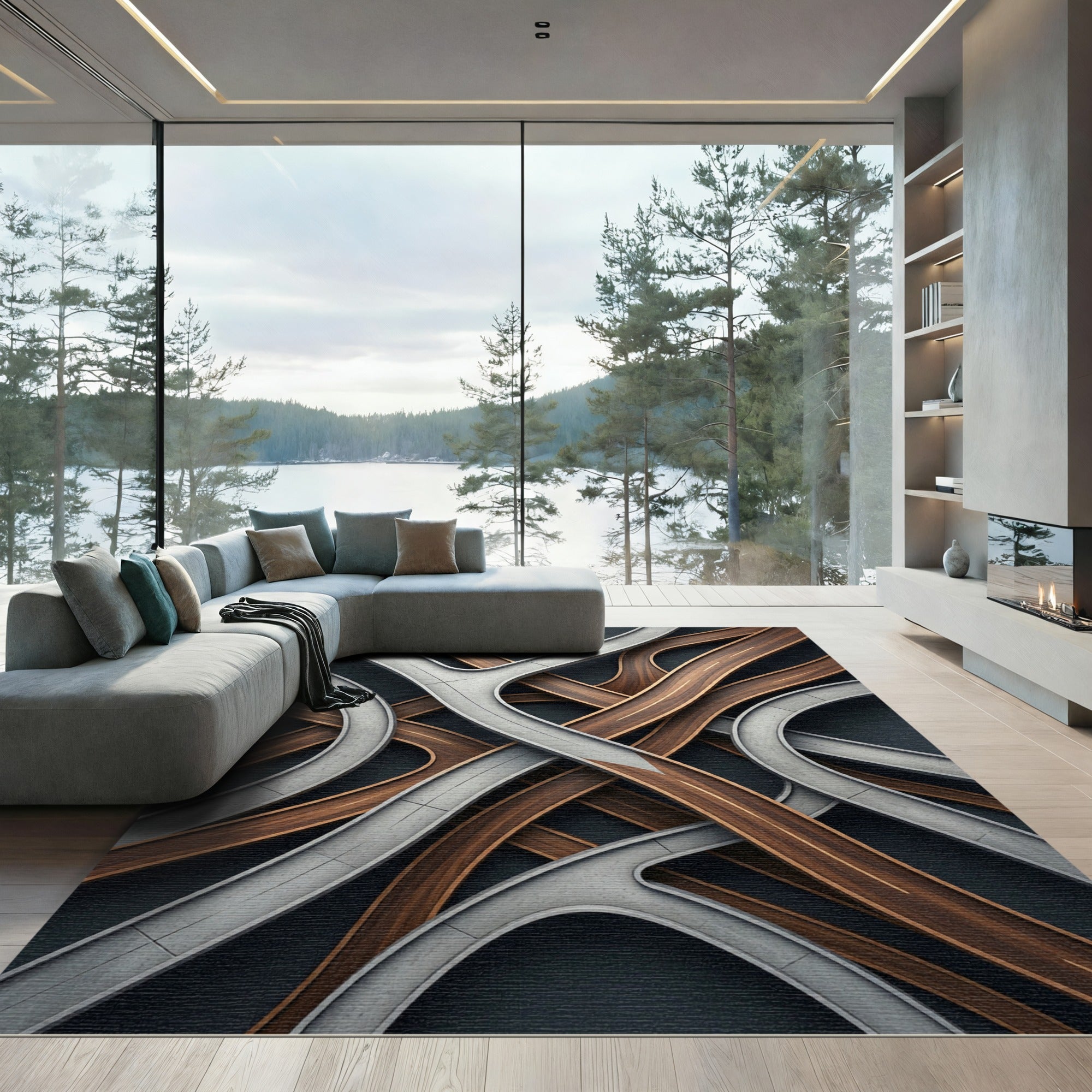 Modern Grey and Walnut Overpass Streamline Rug
