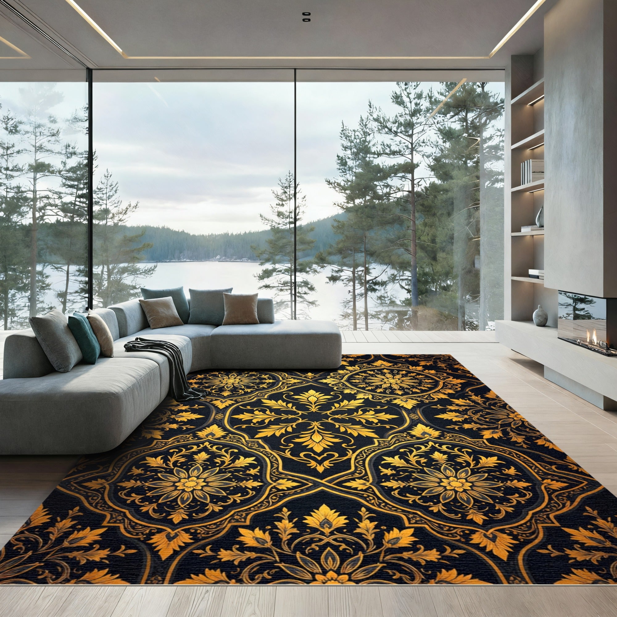 Elegant Gold Foliage Midnight Damask Rug