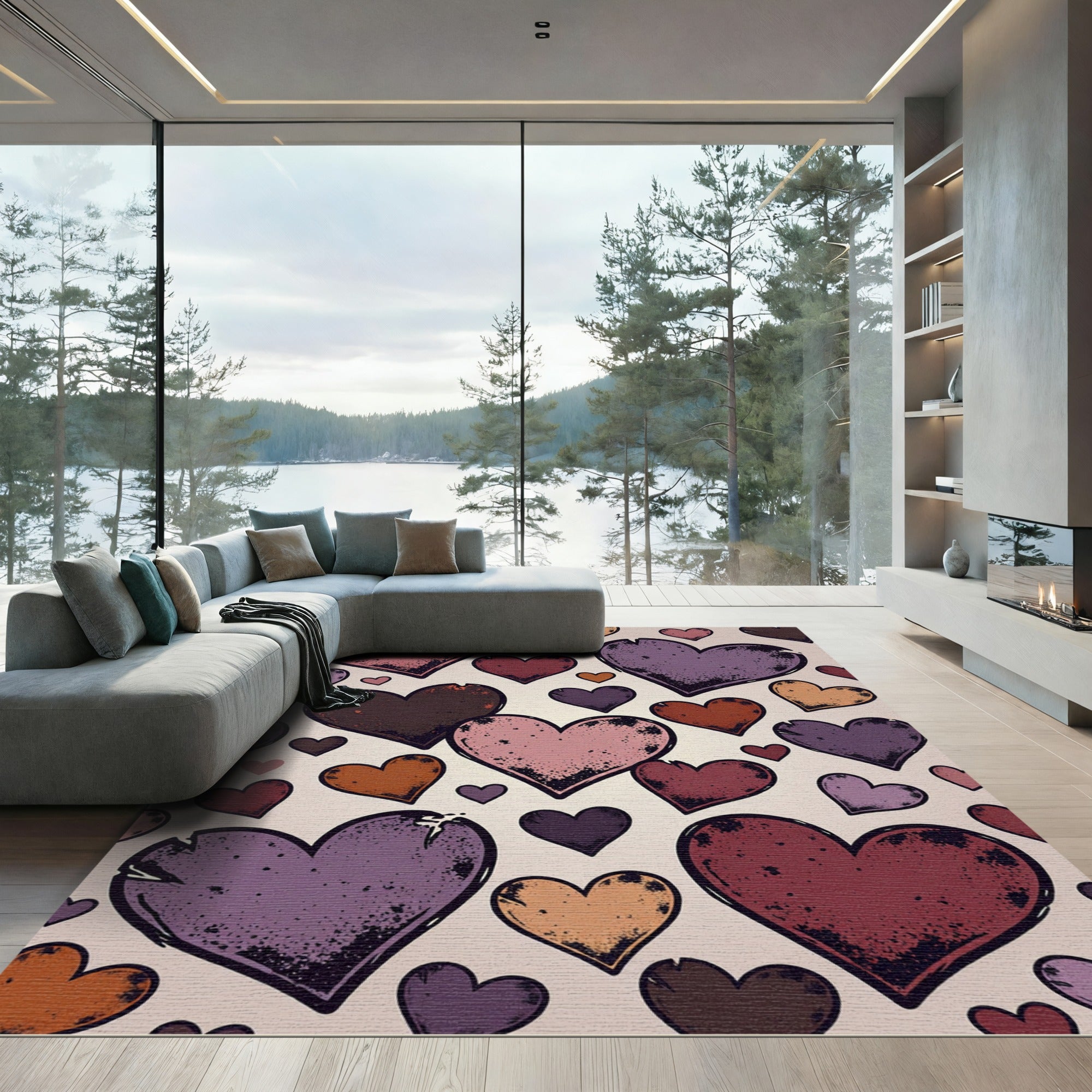 Distressed Multi-Color Heart Collage Rug