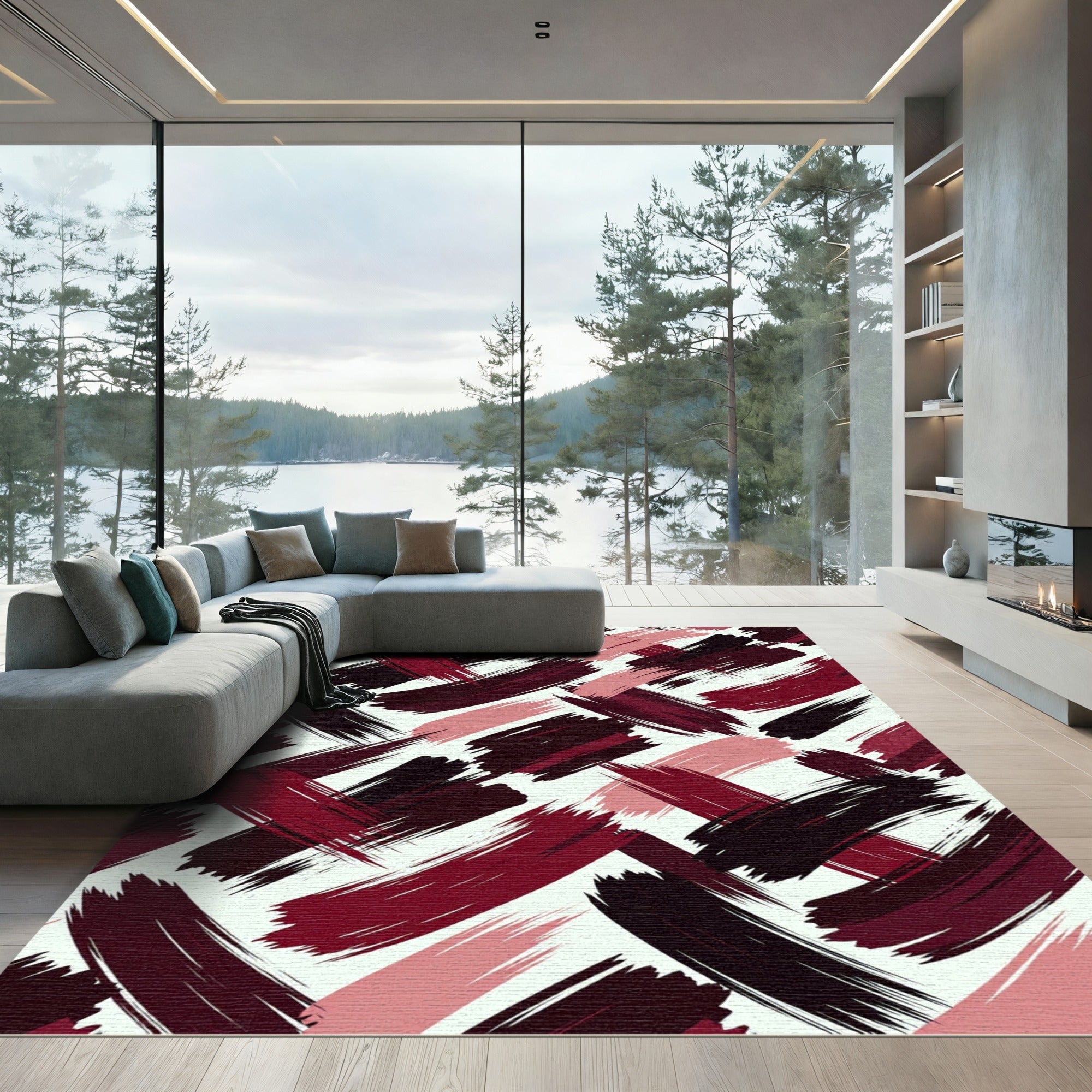 Burgundy and Pink Abstract Brushstroke Rug