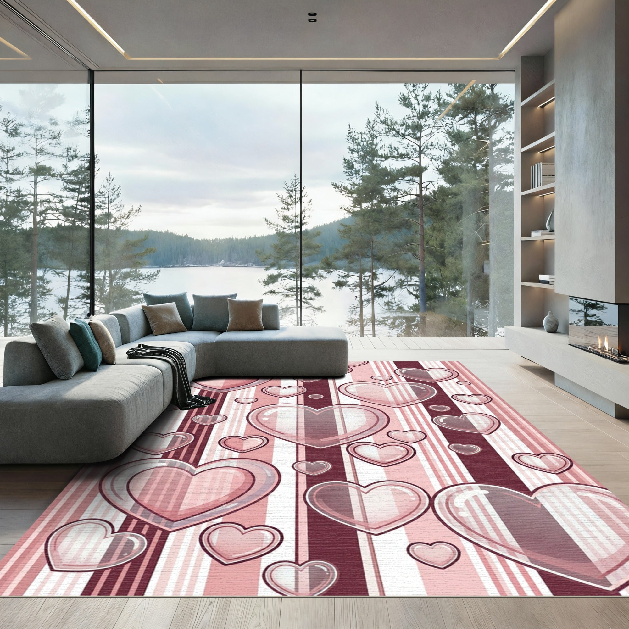 Pink Hearts with Vertical Stripes Rug