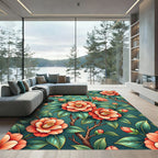 Vintage Peach Camellia Teal Botanical Rug