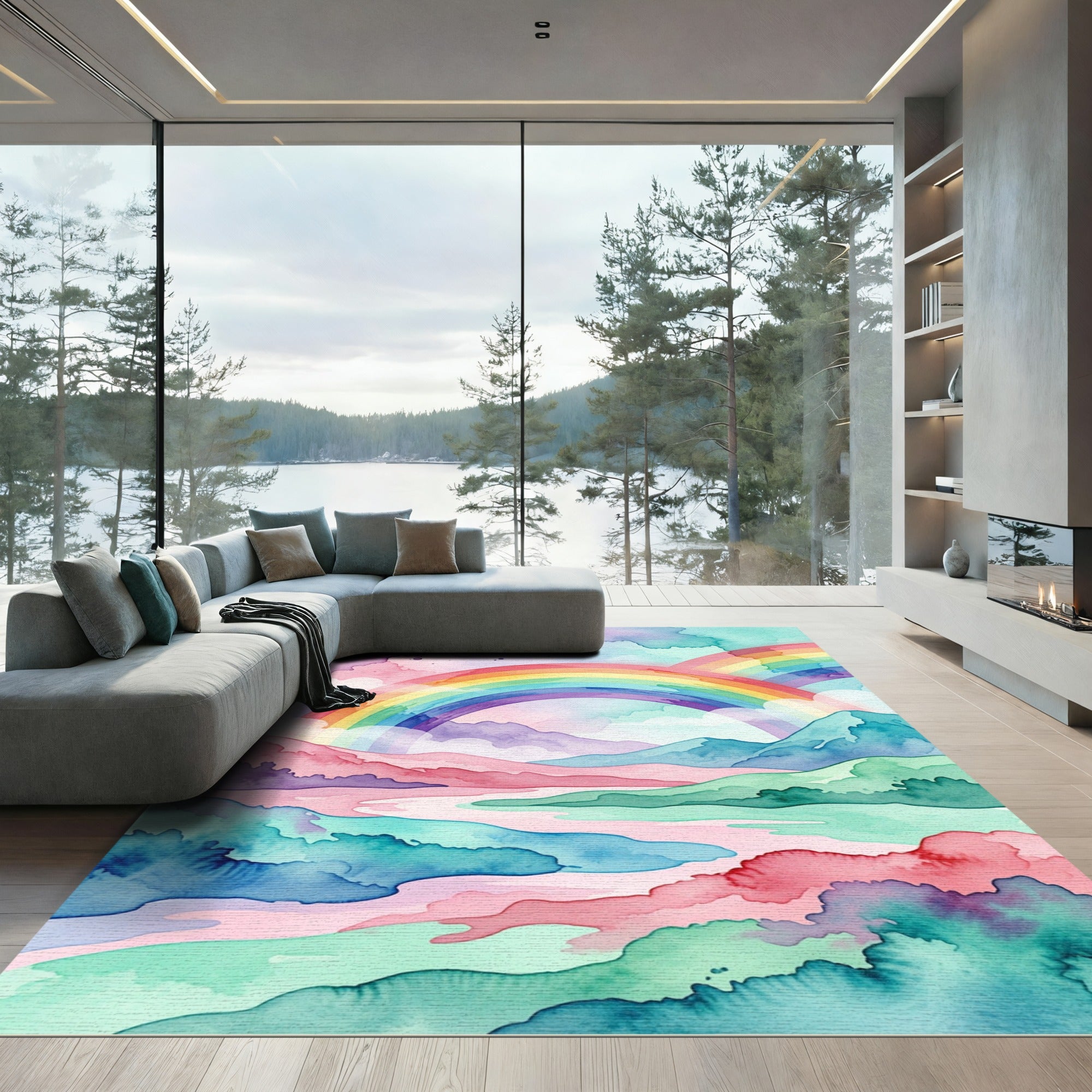Watercolor Rainbow Landscape Serene Meadow Rug