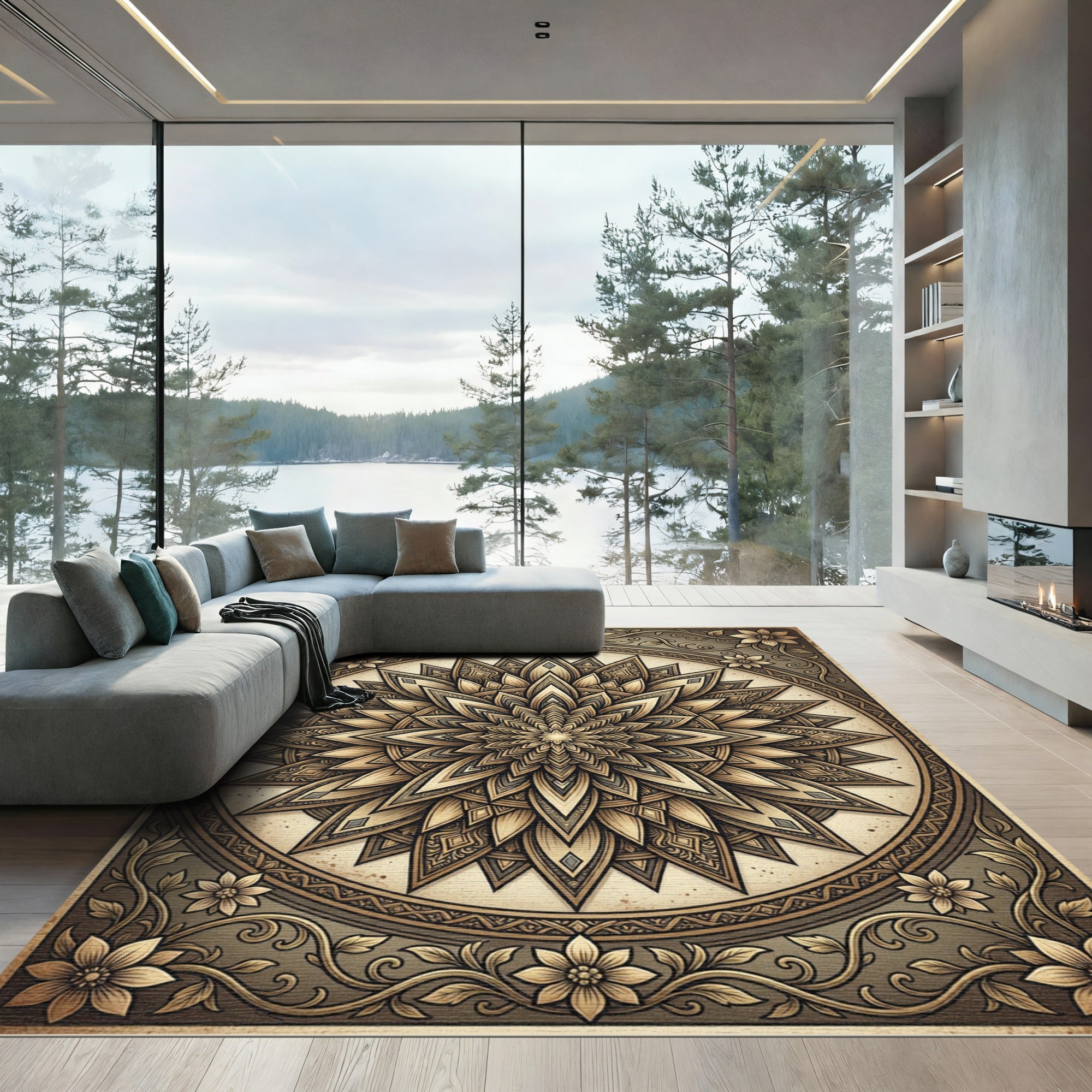 Ancient Gold Mandala Floral Sunburst Rug