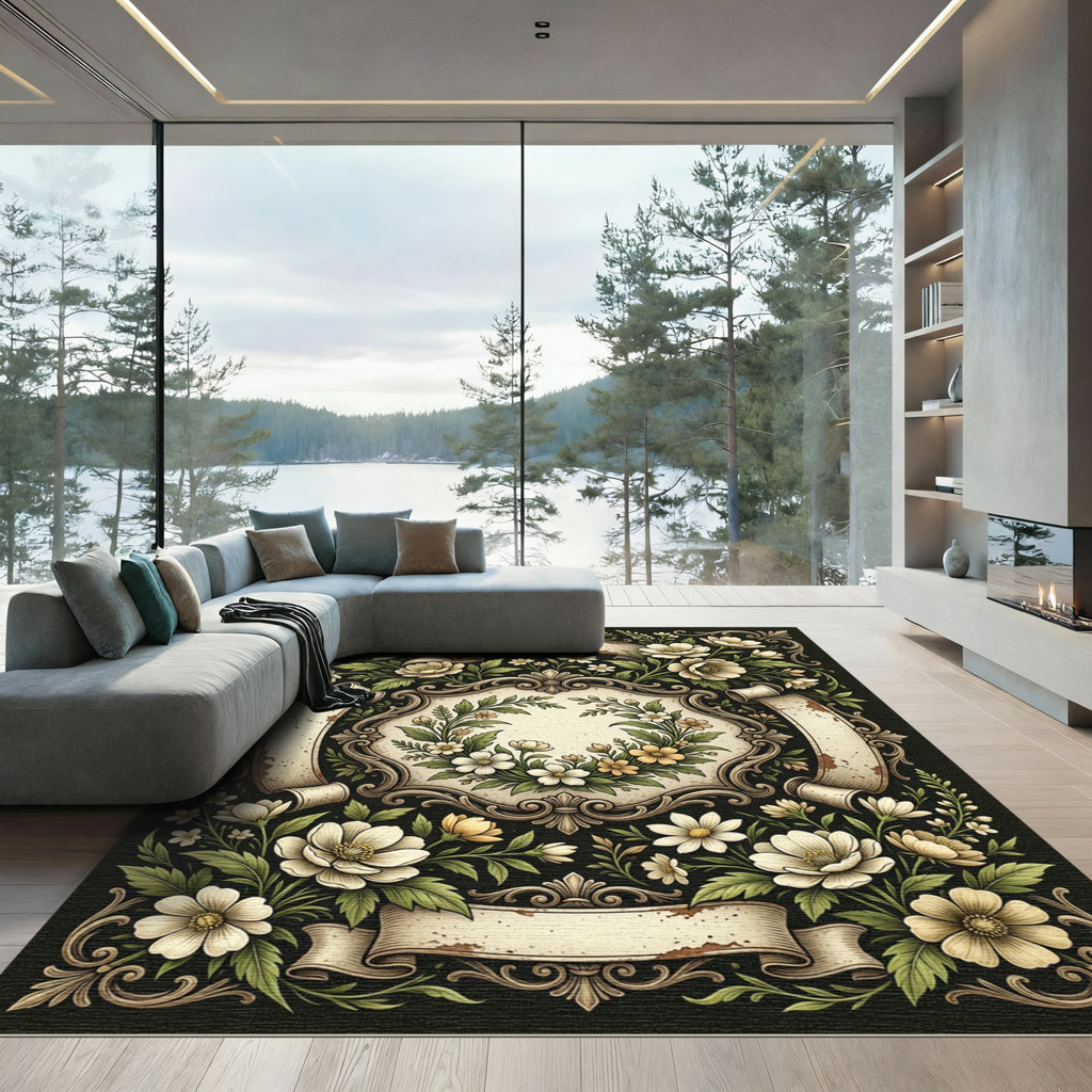 Elegant Vintage Cream Floral Scroll Frame Rug