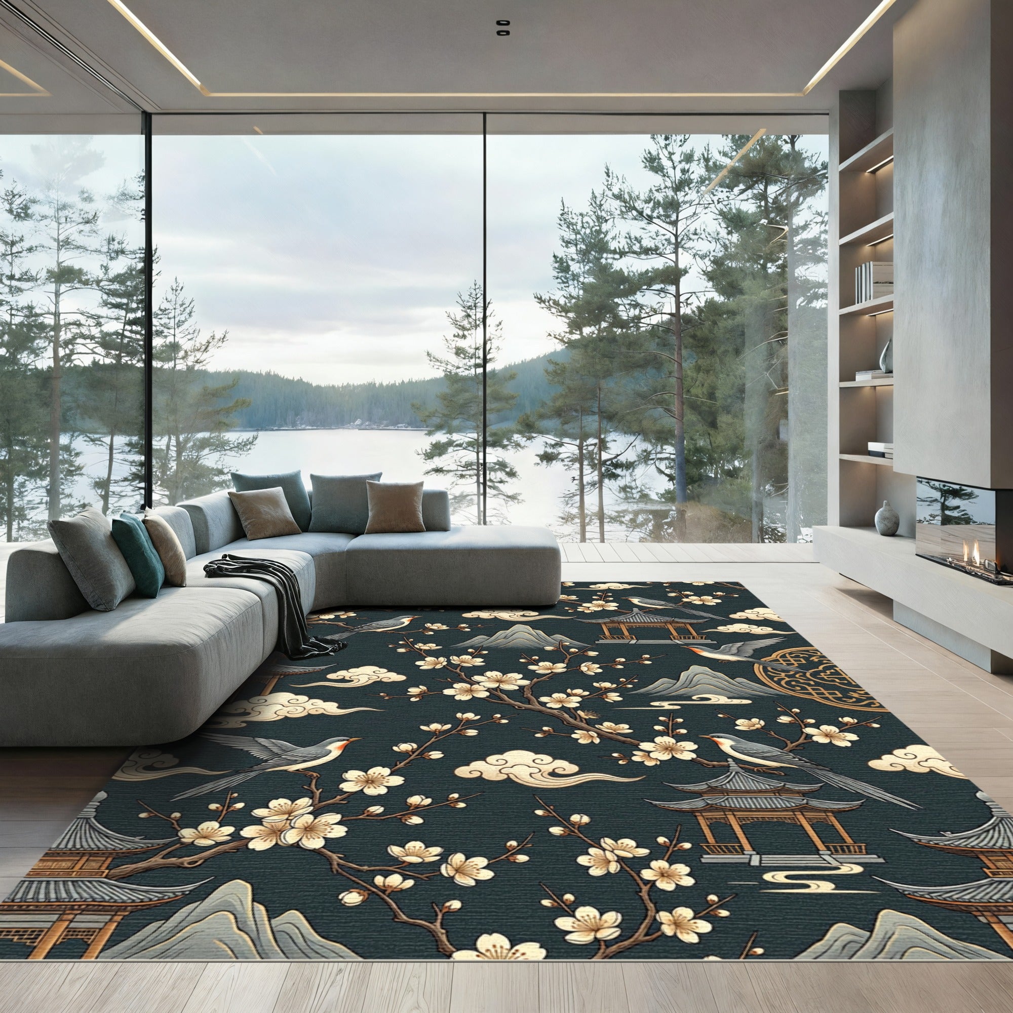 Serene Cherry Blossom Pagoda Bird Rug